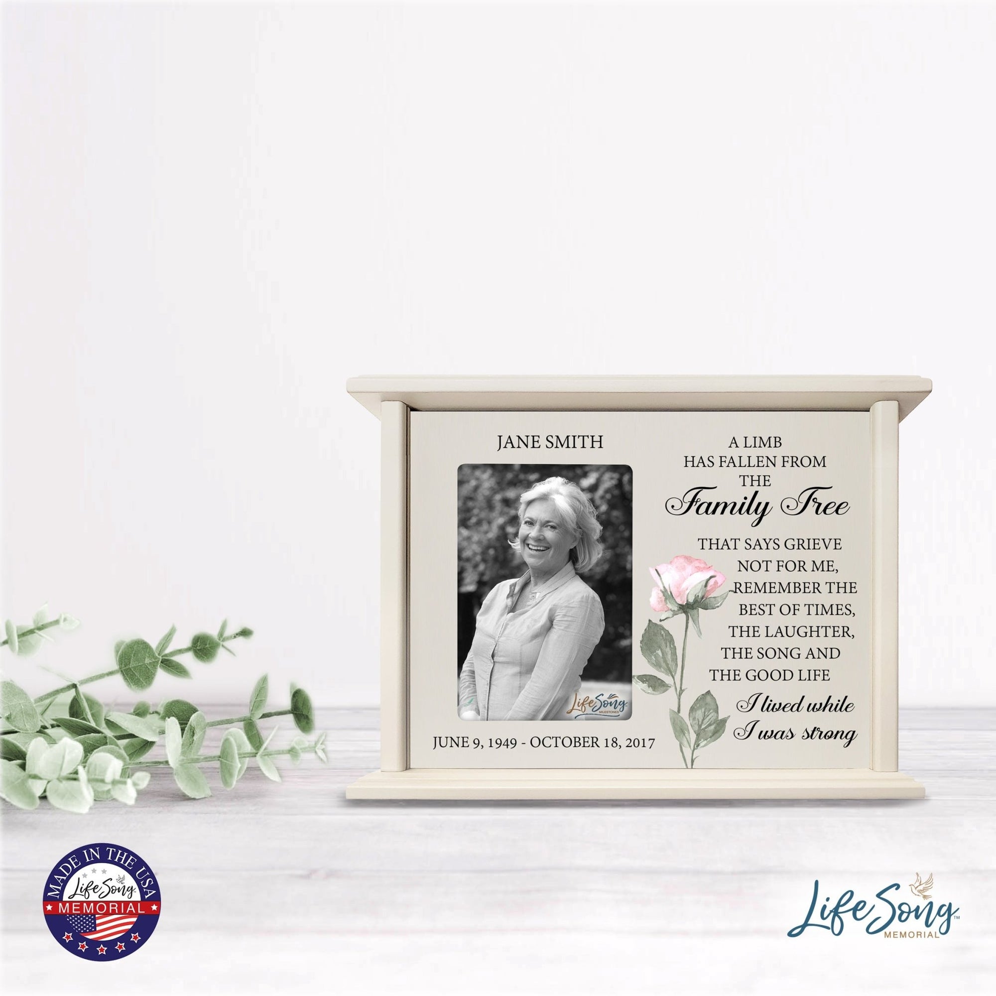 Personalized Memorial Cherry Wood 12 x 4.5 x 9 Cremation Urn Box with Picture Frame holds 200 cu in of Human Ashes and 4x6 Photo - A Limb Has Fallen (Ivory) - LifeSong Milestones