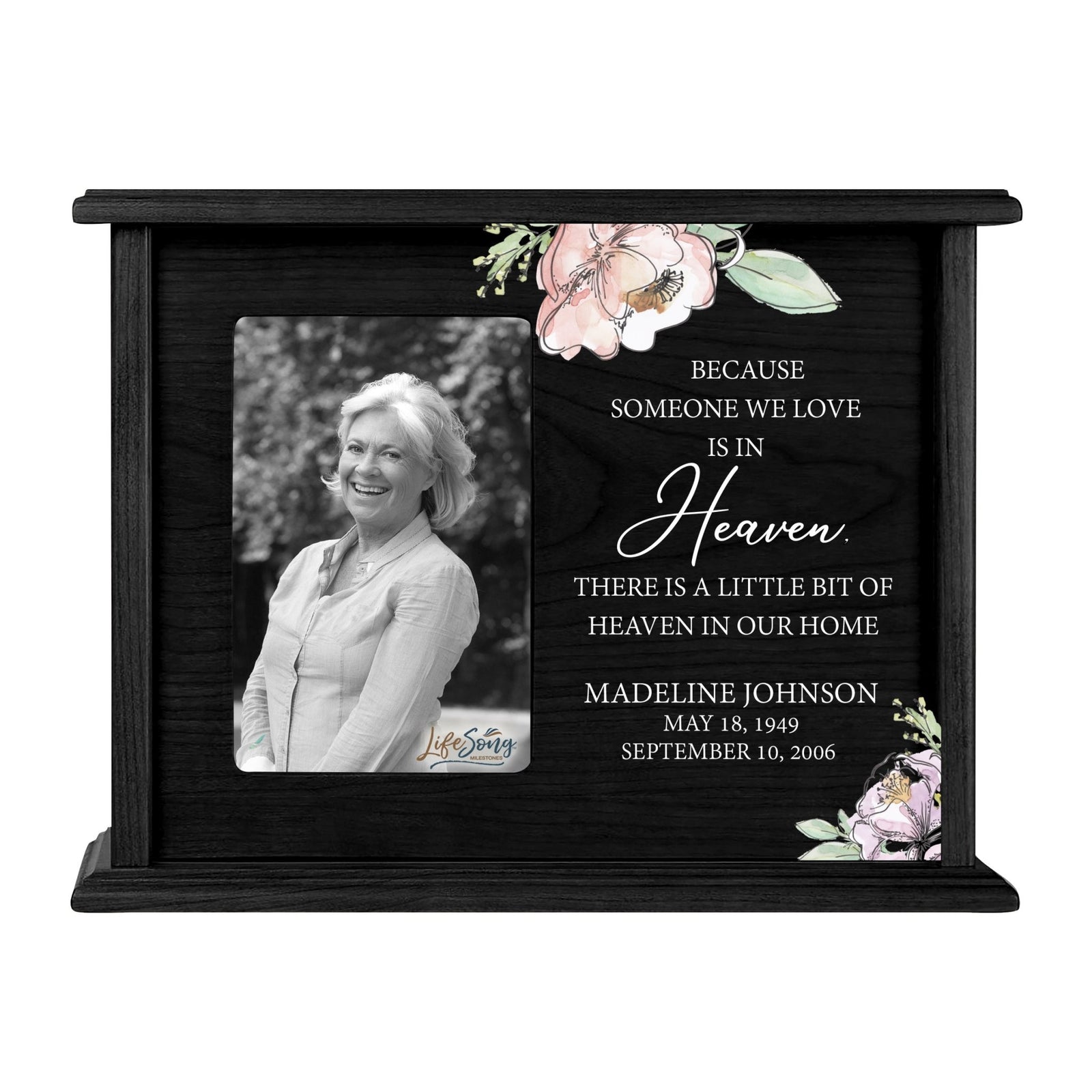Personalized Memorial Cherry Wood 12 x 4.5 x 9 Cremation Urn Box with Picture Frame holds 200 cu in of Human Ashes and 4x6 Photo - Because Someone We Love (Black) - LifeSong Milestones