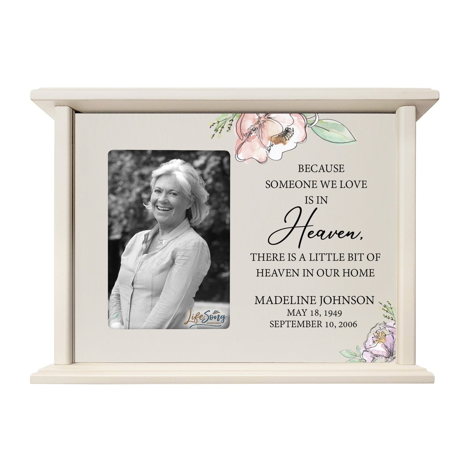 Personalized Memorial Cherry Wood 12 x 4.5 x 9 Cremation Urn Box with Picture Frame holds 200 cu in of Human Ashes and 4x6 Photo - Because Someone We Love (Ivory) - LifeSong Milestones