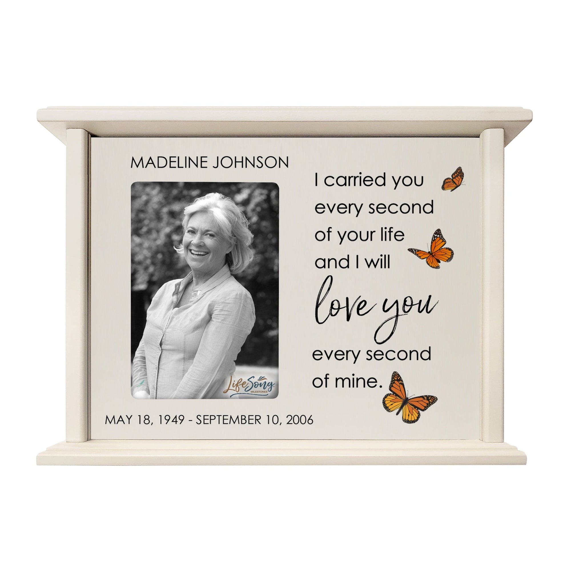 Personalized Memorial Cherry Wood 12 x 4.5 x 9 Cremation Urn Box with Picture Frame holds 200 cu in of Human Ashes and 4x6 Photo - I Carried You Every Second (Ivory) - LifeSong Milestones