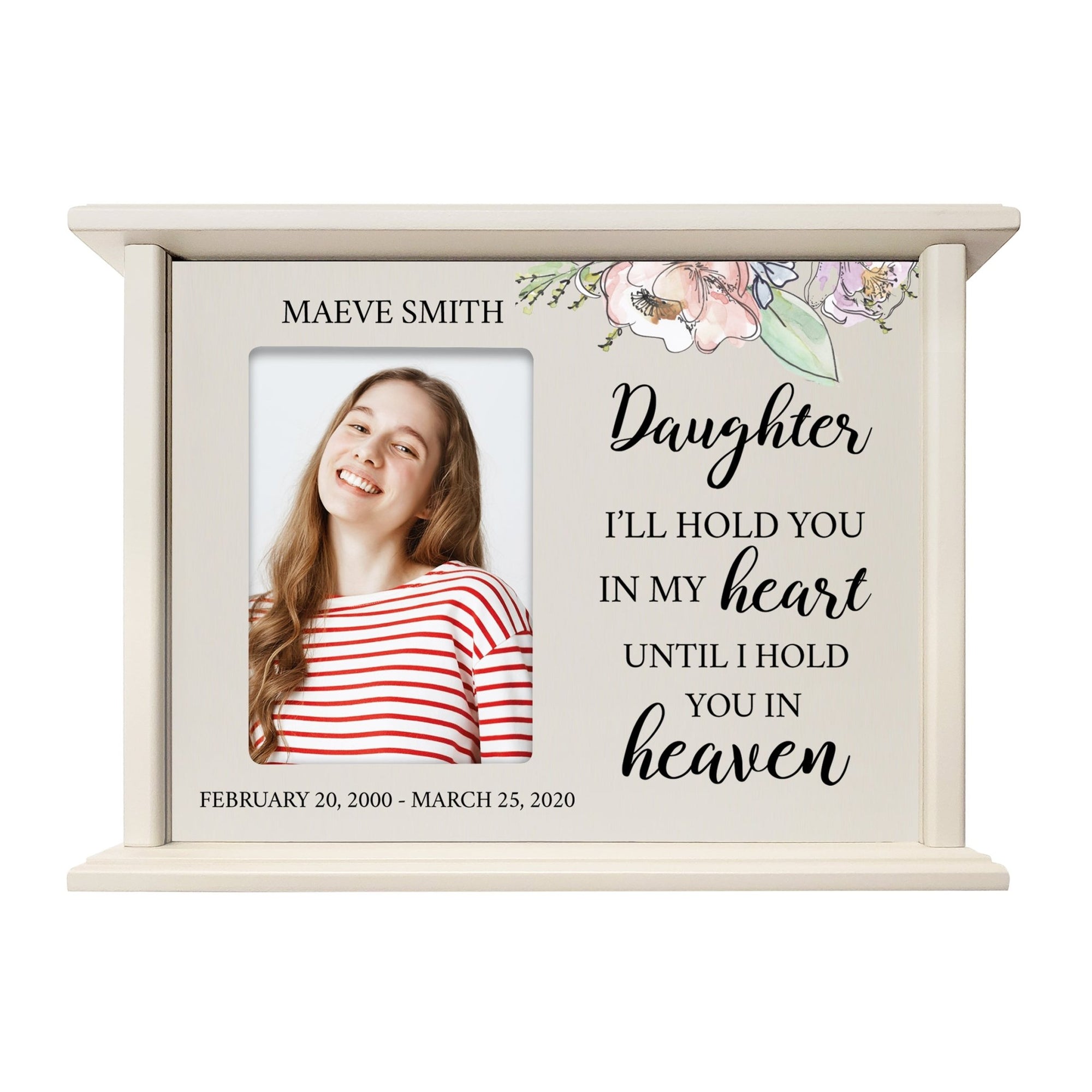 Personalized Memorial Cherry Wood 12 x 4.5 x 9 Cremation Urn Box with Picture Frame holds 200 cu in of Human Ashes and 4x6 Photo - I’ll Hold In My Arms (Ivory) - LifeSong Milestones