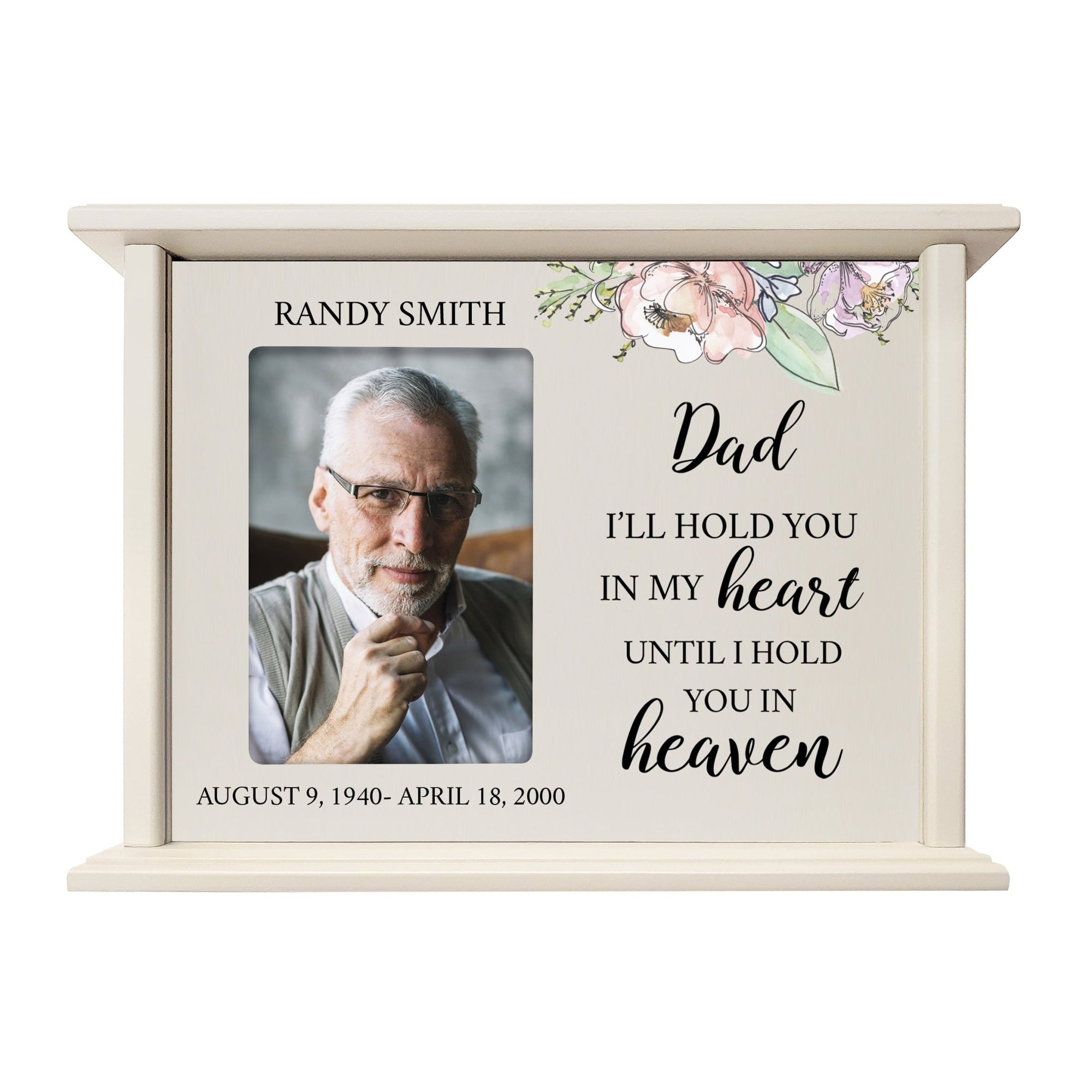 Personalized Memorial Cherry Wood 12 x 4.5 x 9 Cremation Urn Box with Picture Frame holds 200 cu in of Human Ashes and 4x6 Photo - I’ll Hold In My Arms (Ivory) - LifeSong Milestones