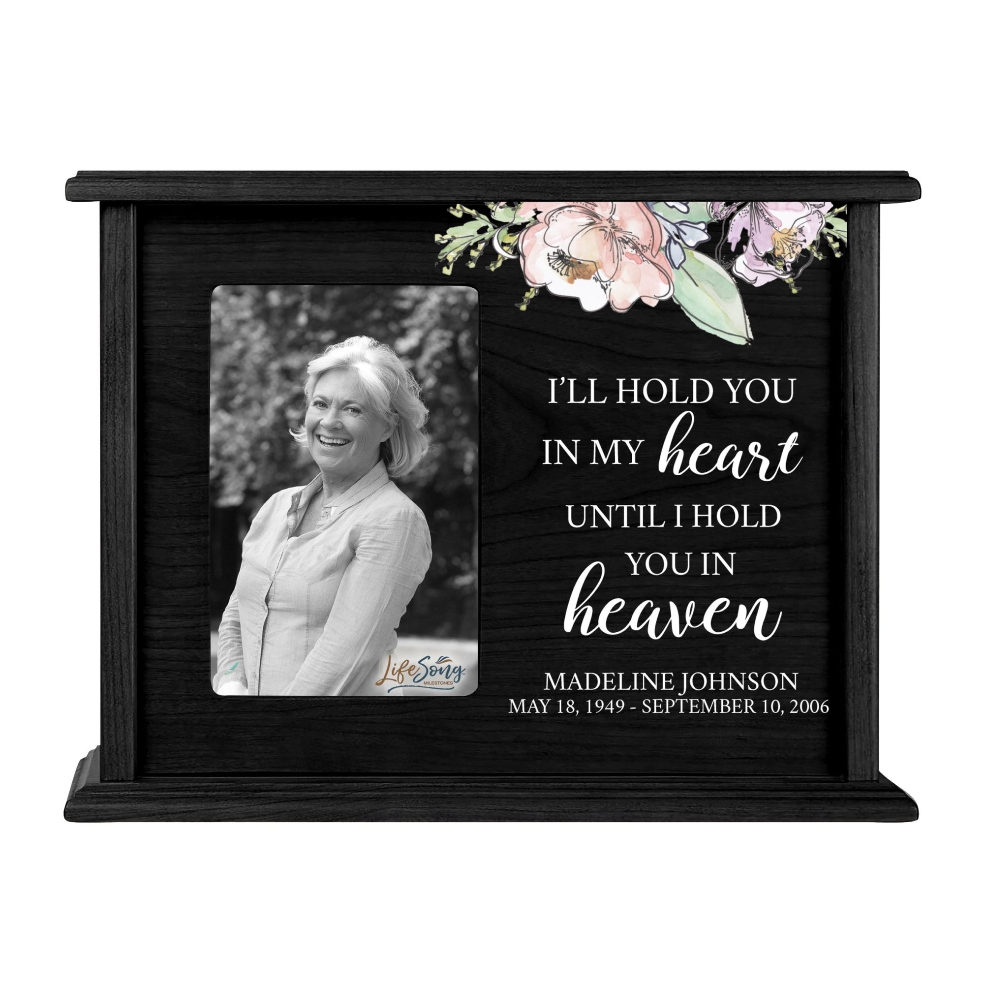 Personalized Memorial Cherry Wood 12 x 4.5 x 9 Cremation Urn Box with Picture Frame holds 200 cu in of Human Ashes and 4x6 Photo - I’ll Hold In My Heart - LifeSong Milestones