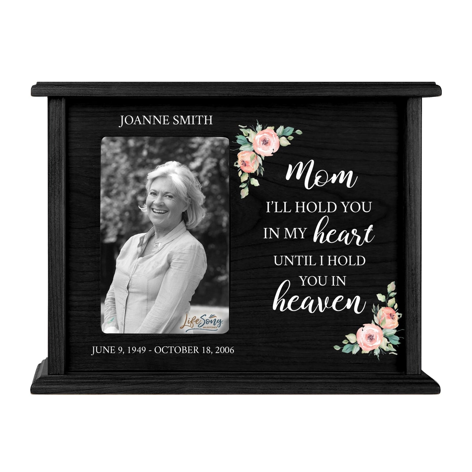 Personalized Memorial Cherry Wood 12 x 4.5 x 9 Cremation Urn Box with Picture Frame holds 200 cu in of Human Ashes and 4x6 Photo - I’ll Hold You In My Heart (Black) - LifeSong Milestones