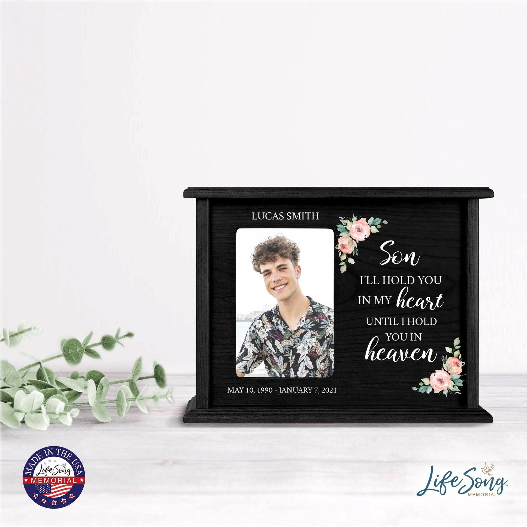 Personalized Memorial Cherry Wood 12 x 4.5 x 9 Cremation Urn Box with Picture Frame holds 200 cu in of Human Ashes and 4x6 Photo - I’ll Hold You In My Heart (Black) - LifeSong Milestones