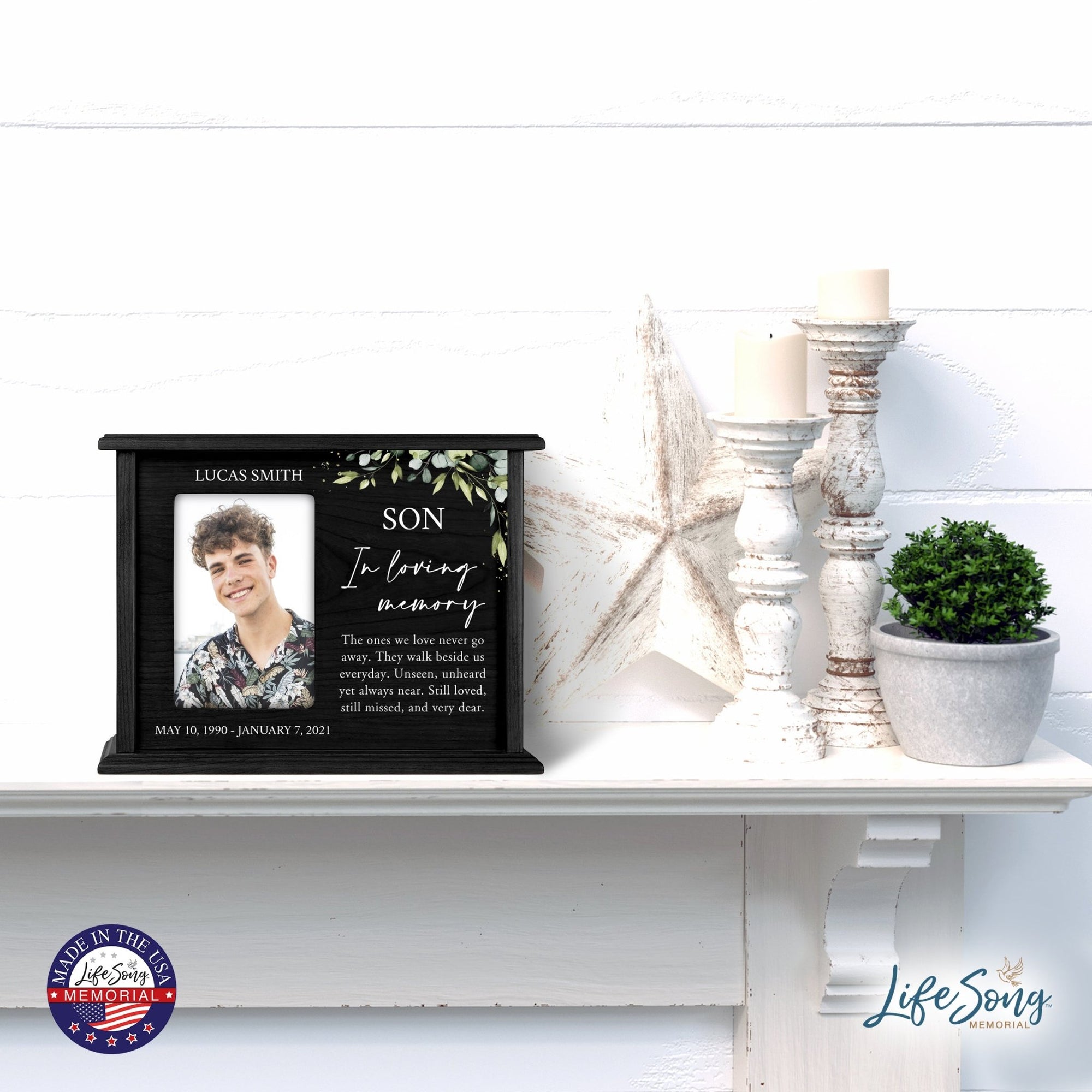 Personalized Memorial Cherry Wood 12 x 4.5 x 9 Cremation Urn Box with Picture Frame holds 200 cu in of Human Ashes and 4x6 Photo - In Loving Memory (Black) - LifeSong Milestones