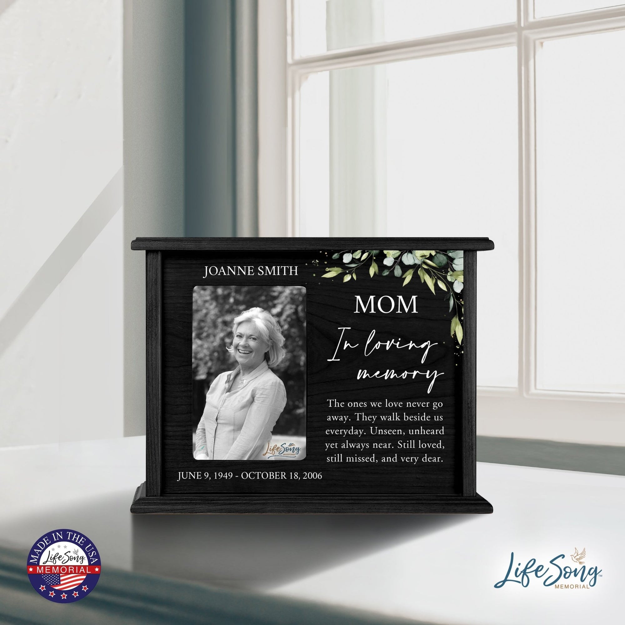 Personalized Memorial Cherry Wood 12 x 4.5 x 9 Cremation Urn Box with Picture Frame holds 200 cu in of Human Ashes and 4x6 Photo - In Loving Memory (Black) - LifeSong Milestones