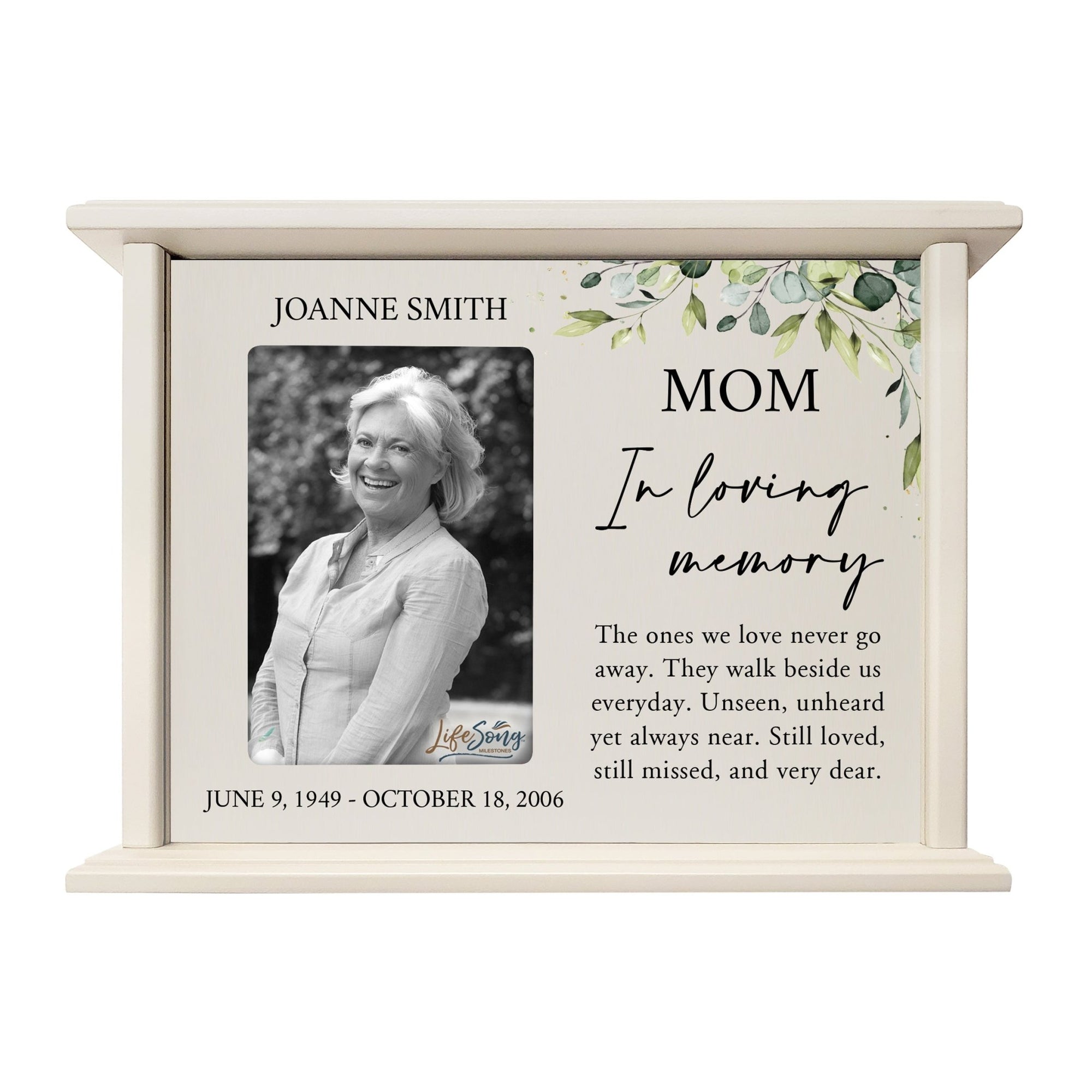 Personalized Memorial Cherry Wood 12 x 4.5 x 9 Cremation Urn Box with Picture Frame holds 200 cu in of Human Ashes and 4x6 Photo - In Loving Memory (Ivory) - LifeSong Milestones