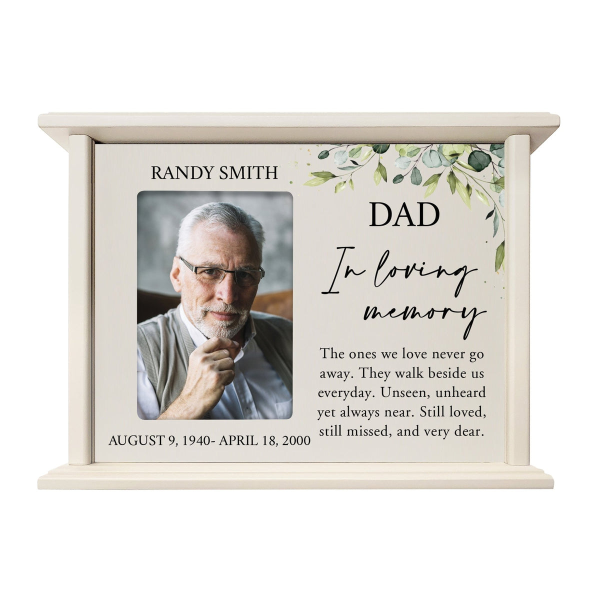 Personalized Memorial Cherry Wood 12 x 4.5 x 9 Cremation Urn Box with Picture Frame holds 200 cu in of Human Ashes and 4x6 Photo - In Loving Memory (Ivory) - LifeSong Milestones