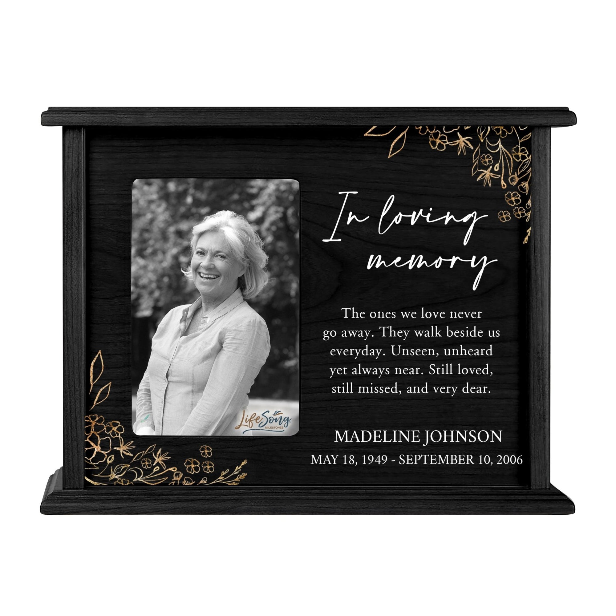 Personalized Memorial Cherry Wood 12 x 4.5 x 9 Cremation Urn Box with Picture Frame holds 200 cu in of Human Ashes and 4x6 Photo - In Loving Memory (Love) - LifeSong Milestones