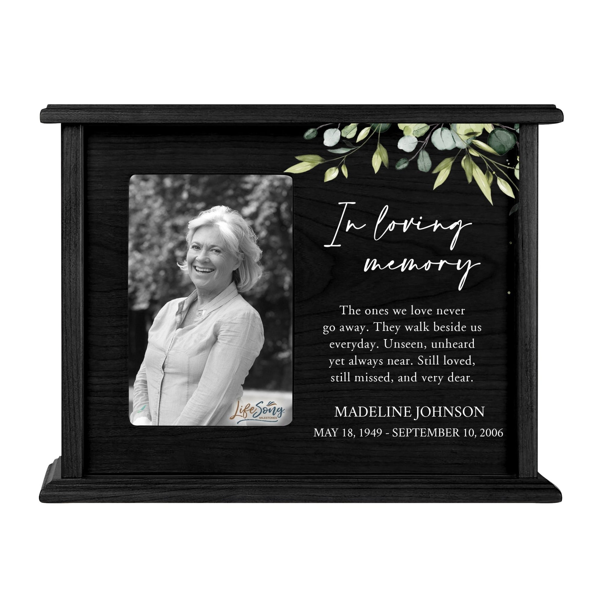 Personalized Memorial Cherry Wood 12 x 4.5 x 9 Cremation Urn Box with Picture Frame holds 200 cu in of Human Ashes and 4x6 Photo - In Loving Memory (Unseen) - LifeSong Milestones