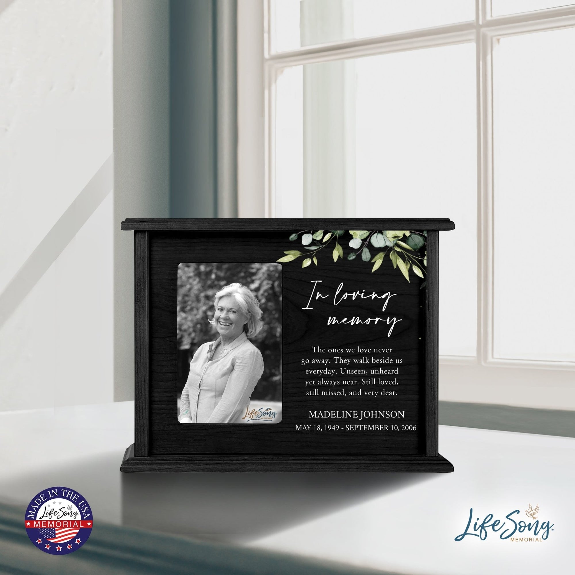 Personalized Memorial Cherry Wood 12 x 4.5 x 9 Cremation Urn Box with Picture Frame holds 200 cu in of Human Ashes and 4x6 Photo - In Loving Memory (Unseen) - LifeSong Milestones