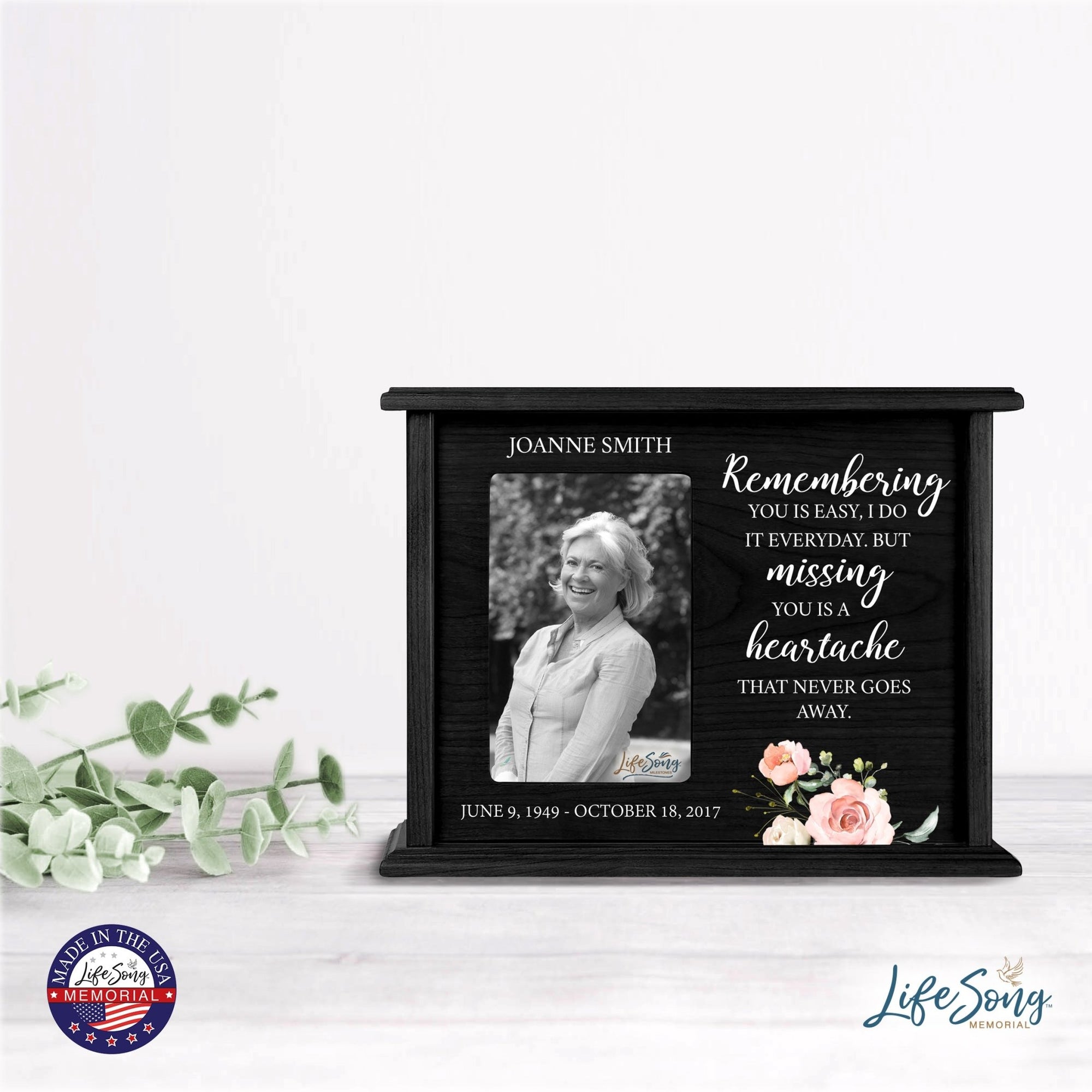 Personalized Memorial Cherry Wood 12 x 4.5 x 9 Cremation Urn Box with Picture Frame holds 200 cu in of Human Ashes and 4x6 Photo - Remembering You Is Easy - LifeSong Milestones