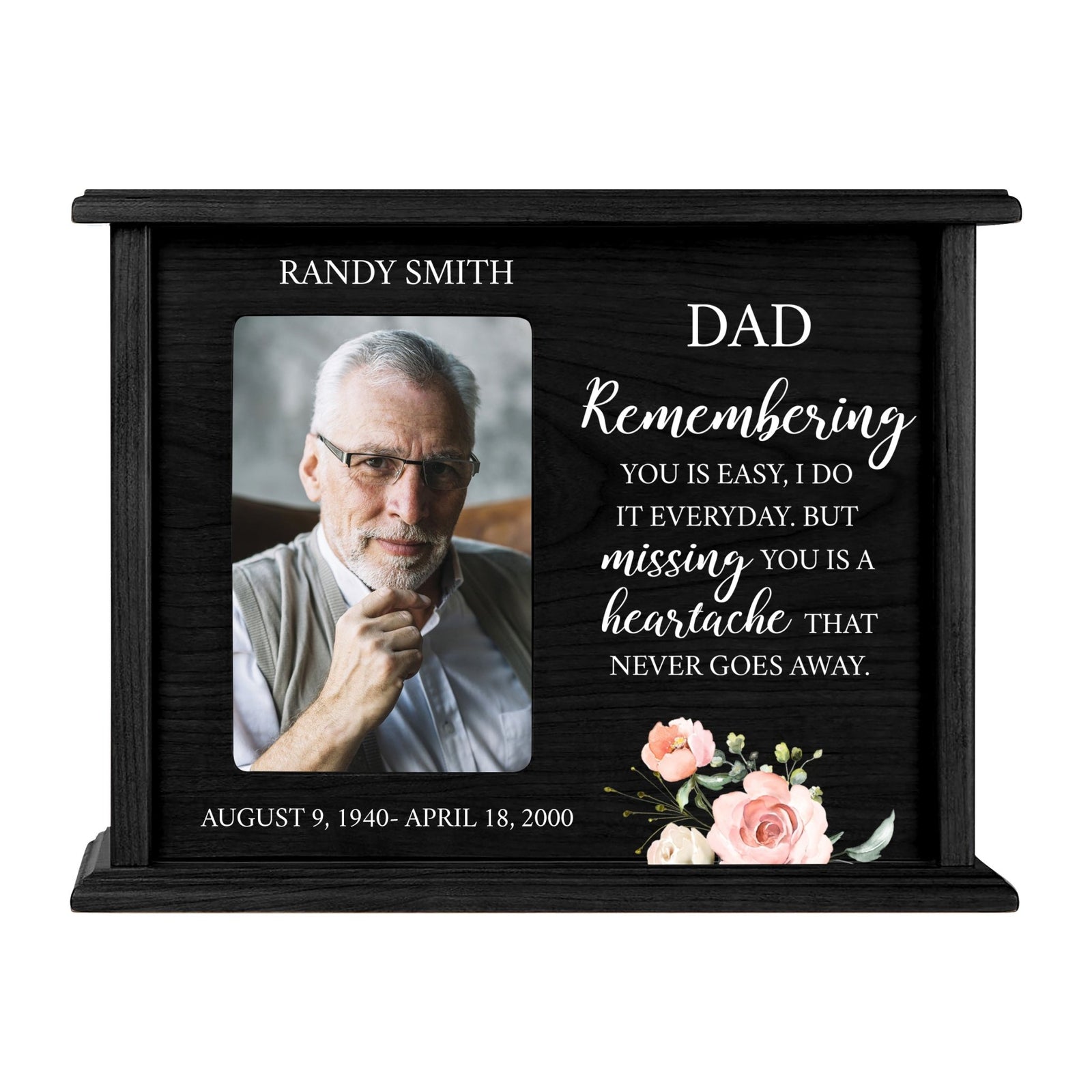 Personalized Memorial Cherry Wood 12 x 4.5 x 9 Cremation Urn Box with Picture Frame holds 200 cu in of Human Ashes and 4x6 Photo - Remembering You Is Easy (Black) - LifeSong Milestones