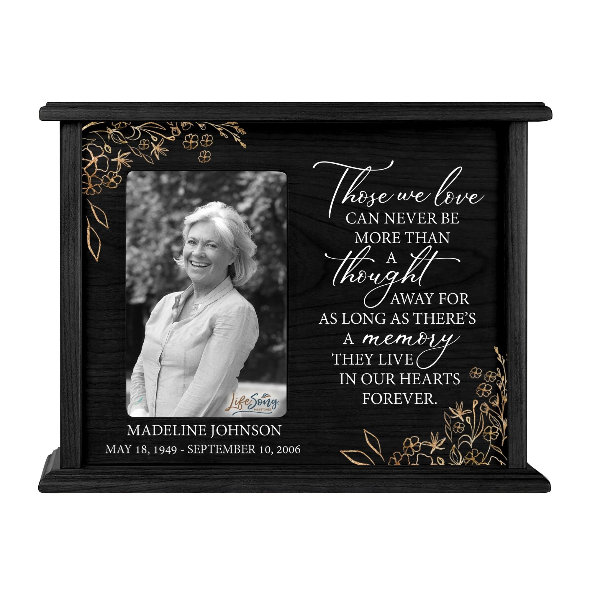 Personalized Memorial Cherry Wood 12 x 4.5 x 9 Cremation Urn Box with Picture Frame holds 200 cu in of Human Ashes and 4x6 Photo - Those We Love Can Never (Black) - LifeSong Milestones