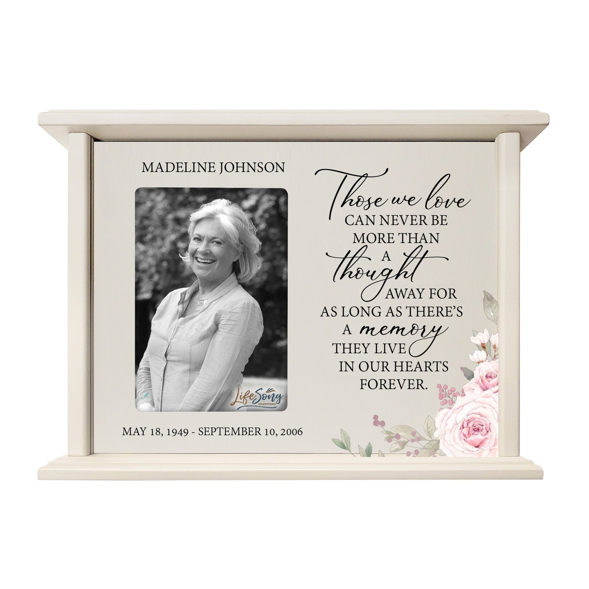 Personalized Memorial Cherry Wood 12 x 4.5 x 9 Cremation Urn Box with Picture Frame holds 200 cu in of Human Ashes and 4x6 Photo - Those We Love Can Never (Ivory) - LifeSong Milestones