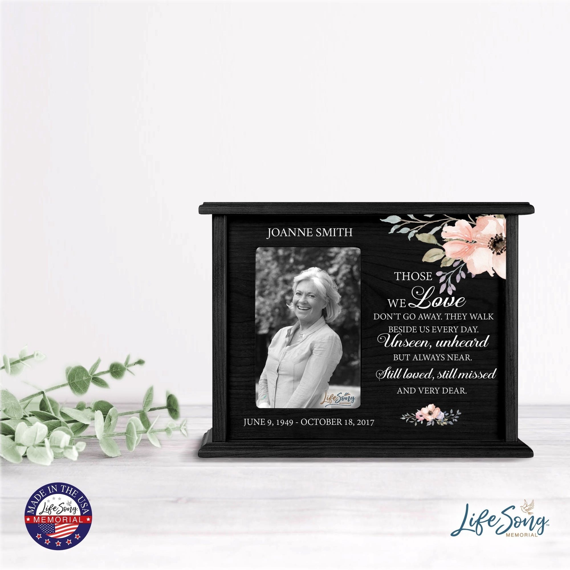 Personalized Memorial Cherry Wood 12 x 4.5 x 9 Cremation Urn Box with Picture Frame holds 200 cu in of Human Ashes and 4x6 Photo - Those We Love Don’t Go - LifeSong Milestones