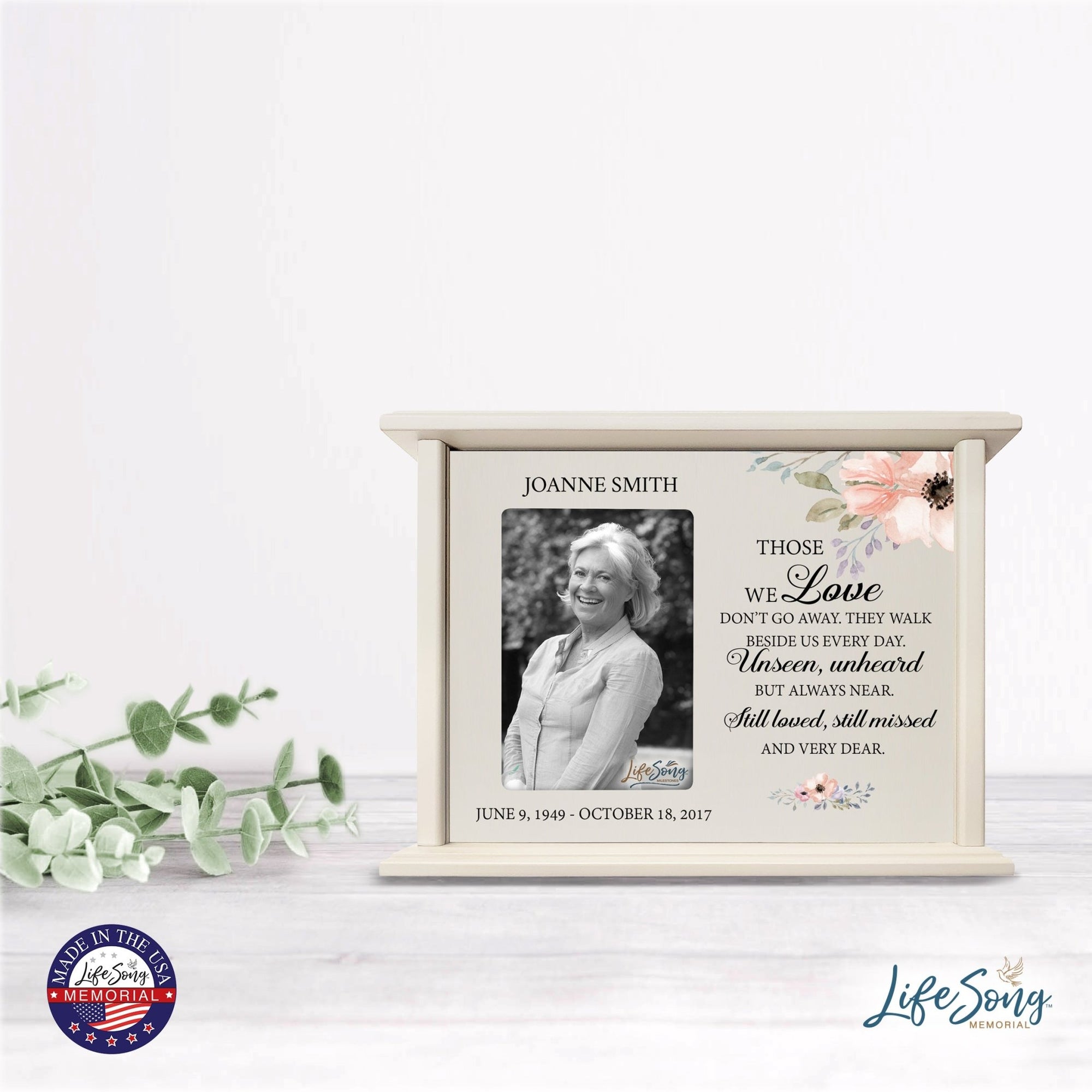 Personalized Memorial Cherry Wood 12 x 4.5 x 9 Cremation Urn Box with Picture Frame holds 200 cu in of Human Ashes and 4x6 Photo - Those We Love Don’t Go - LifeSong Milestones