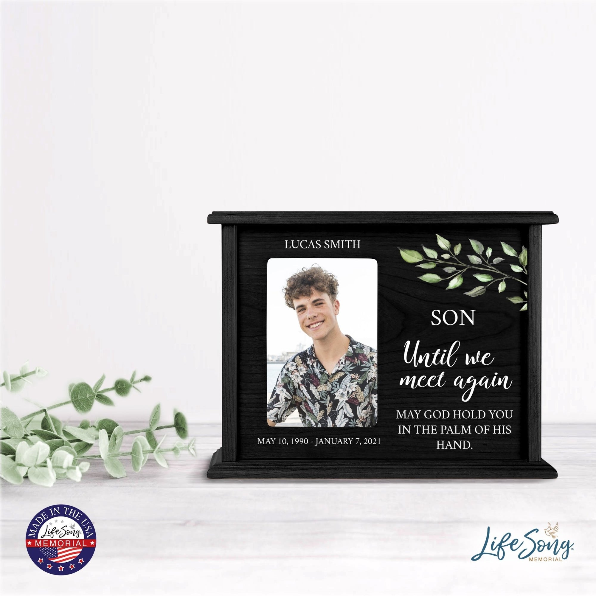Personalized Memorial Cherry Wood 12 x 4.5 x 9 Cremation Urn Box with Picture Frame holds 200 cu in of Human Ashes and 4x6 Photo - Until We Meet Again (Black) - LifeSong Milestones