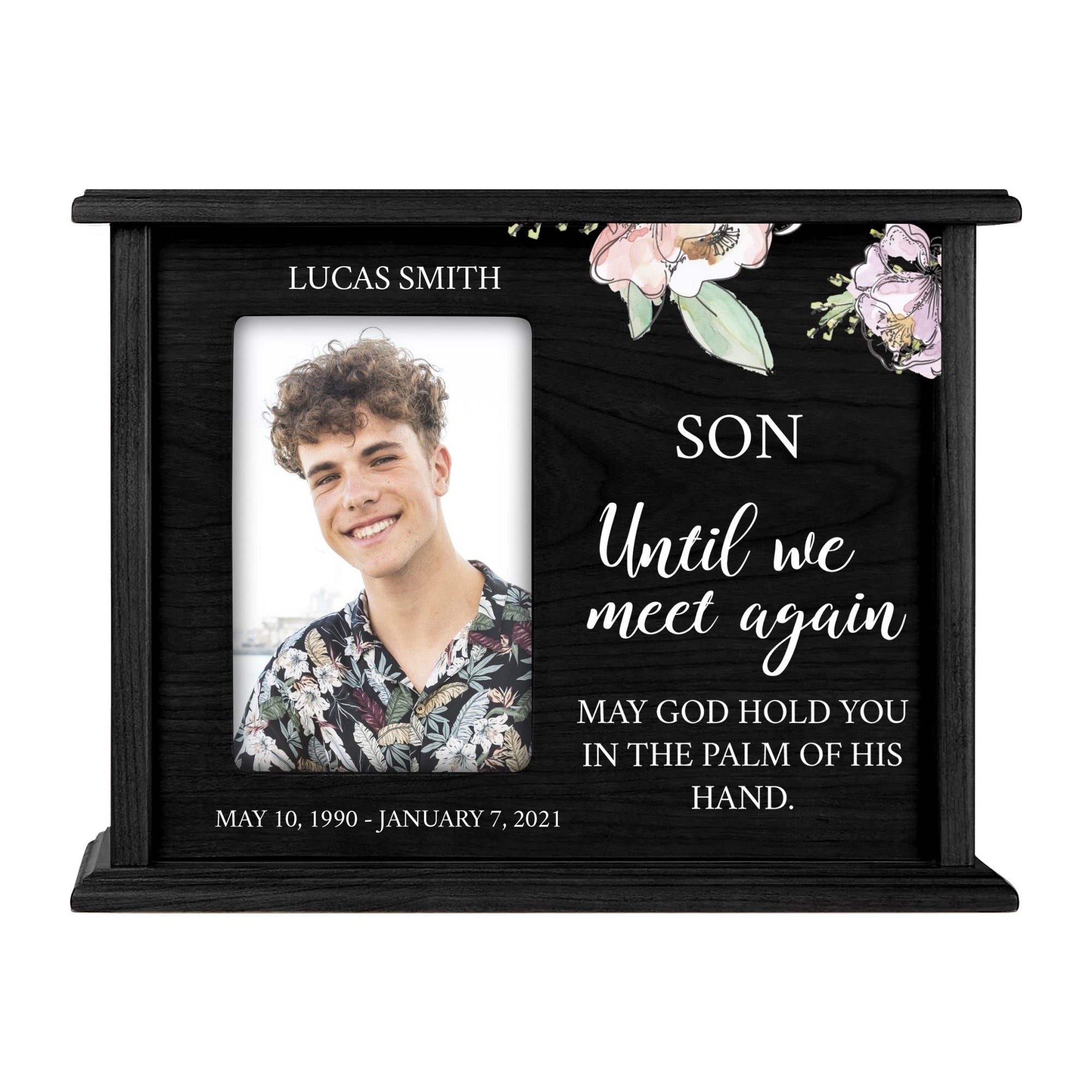 Personalized Memorial Cherry Wood 12 x 4.5 x 9 Cremation Urn Box with Picture Frame holds 200 cu in of Human Ashes and 4x6 Photo - Until We Meet Again (Black) - LifeSong Milestones