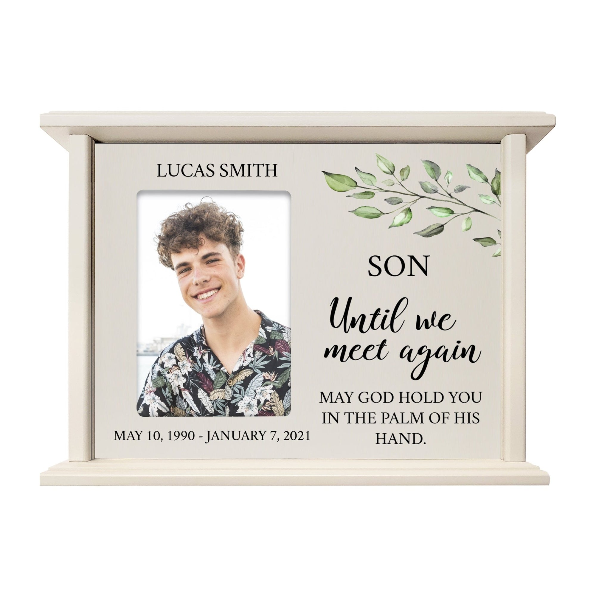 Personalized Memorial Cherry Wood 12 x 4.5 x 9 Cremation Urn Box with Picture Frame holds 200 cu in of Human Ashes and 4x6 Photo - Until We Meet Again (Ivory) - LifeSong Milestones