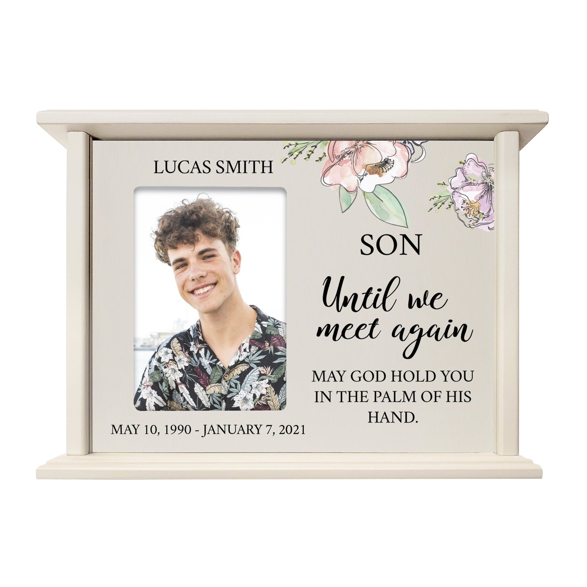 Personalized Memorial Cherry Wood 12 x 4.5 x 9 Cremation Urn Box with Picture Frame holds 200 cu in of Human Ashes and 4x6 Photo - Until We Meet Again (Ivory) - LifeSong Milestones