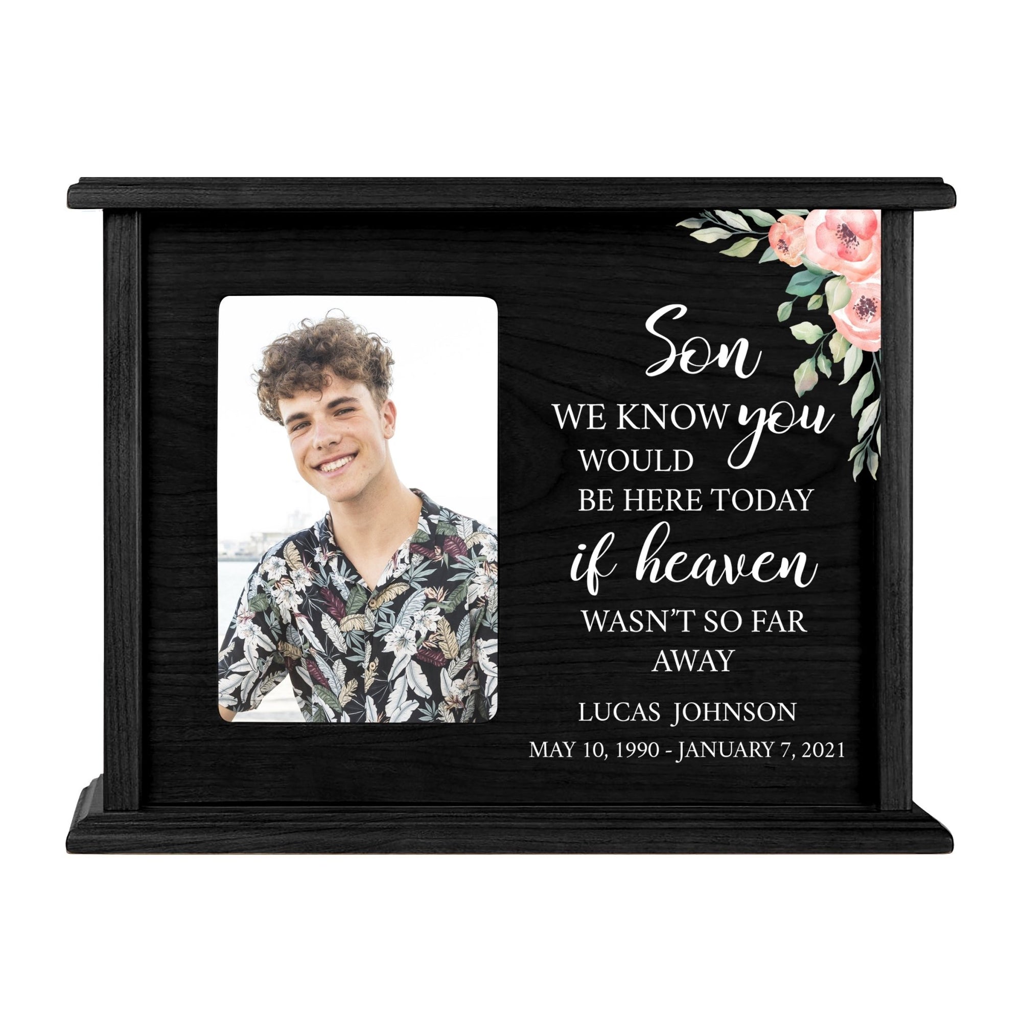 Personalized Memorial Cherry Wood 12 x 4.5 x 9 Cremation Urn Box with Picture Frame holds 200 cu in of Human Ashes and 4x6 Photo - We Know You Would (Black) - LifeSong Milestones