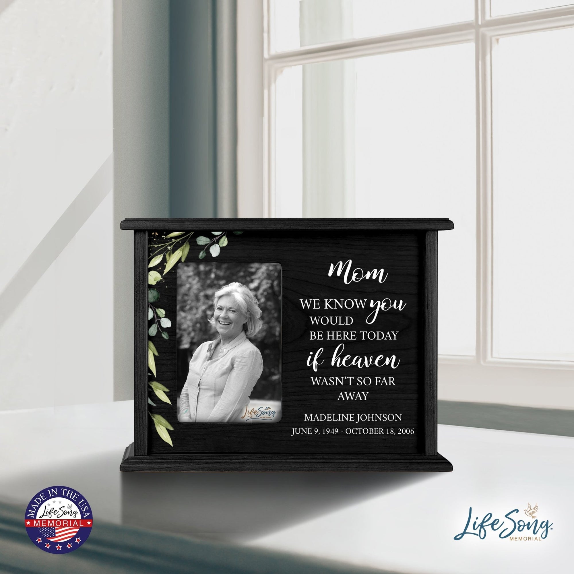 Personalized Memorial Cherry Wood 12 x 4.5 x 9 Cremation Urn Box with Picture Frame holds 200 cu in of Human Ashes and 4x6 Photo - We Know You Would (Black) - LifeSong Milestones