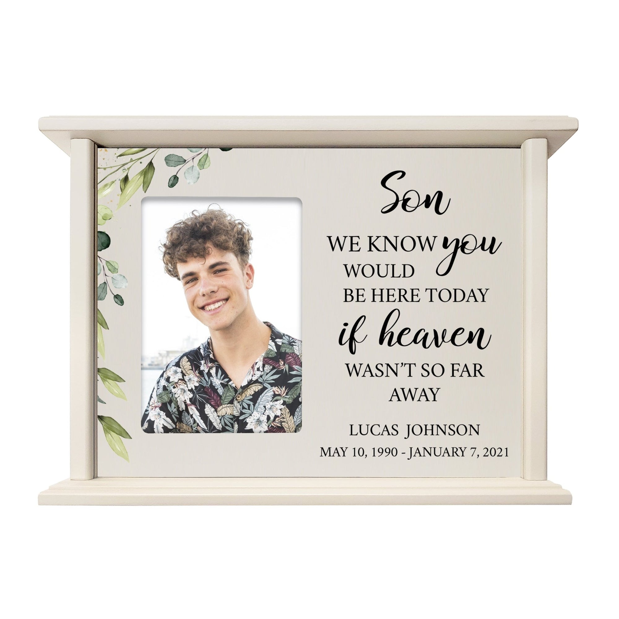 Personalized Memorial Cherry Wood 12 x 4.5 x 9 Cremation Urn Box with Picture Frame holds 200 cu in of Human Ashes and 4x6 Photo - We Know You Would (Ivory) - LifeSong Milestones