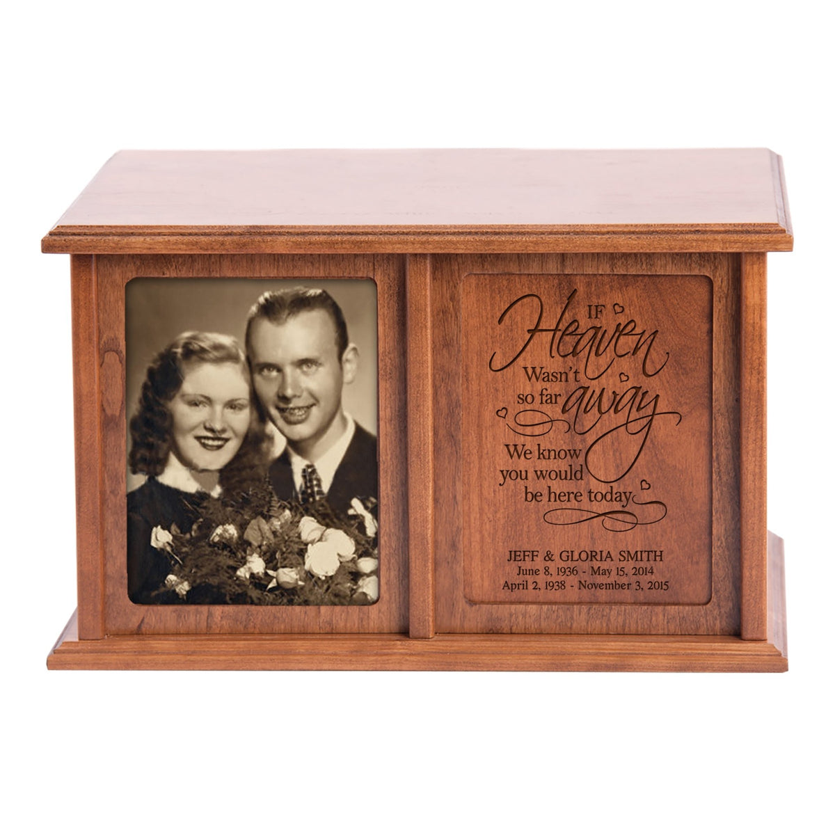 Various wooden urns for ashes including custom, engraved, and personalized options, suitable for funeral memorials and as keepsakes