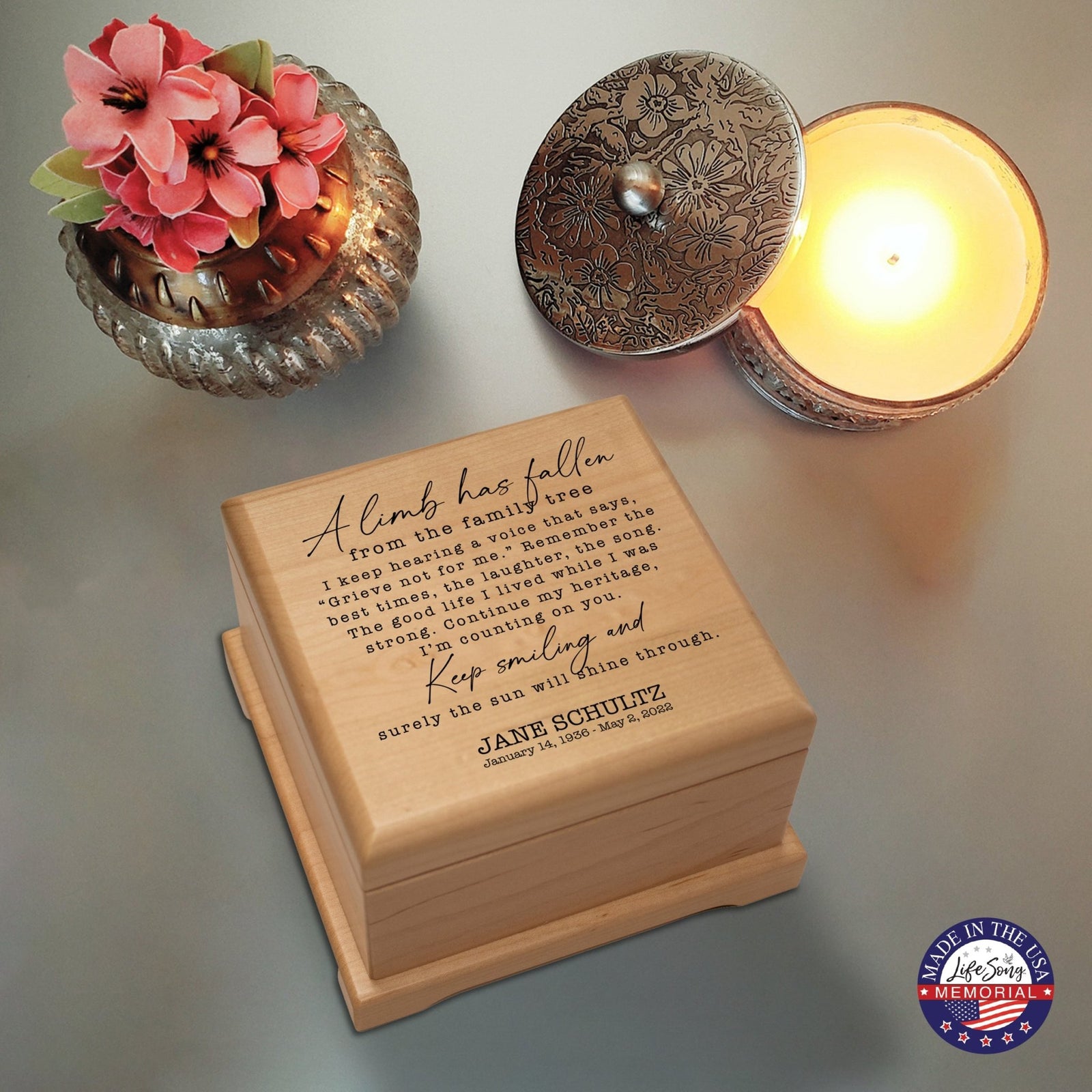 Personalized Memorial Cremation Wooden Keepsake Urn For Human Ashes - A Limb Has fallen - LifeSong Milestones