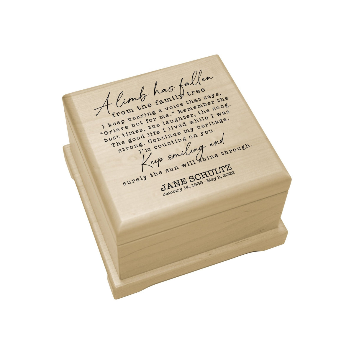 Personalized Memorial Cremation Wooden Keepsake Urn For Human Ashes - A Limb Has fallen - LifeSong Milestones