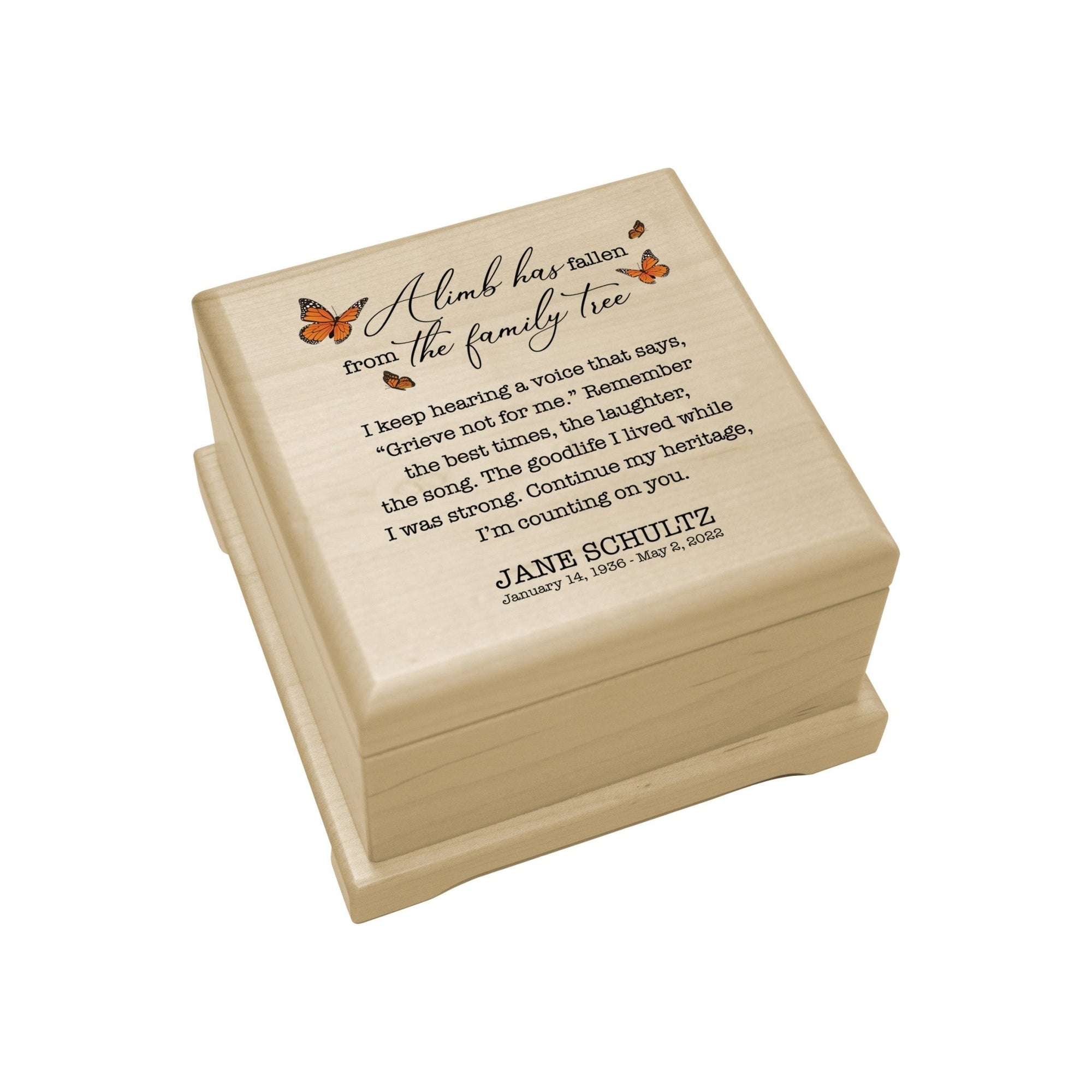 Personalized Memorial Cremation Wooden Keepsake Urn For Human Ashes - A Limb Has fallen - LifeSong Milestones