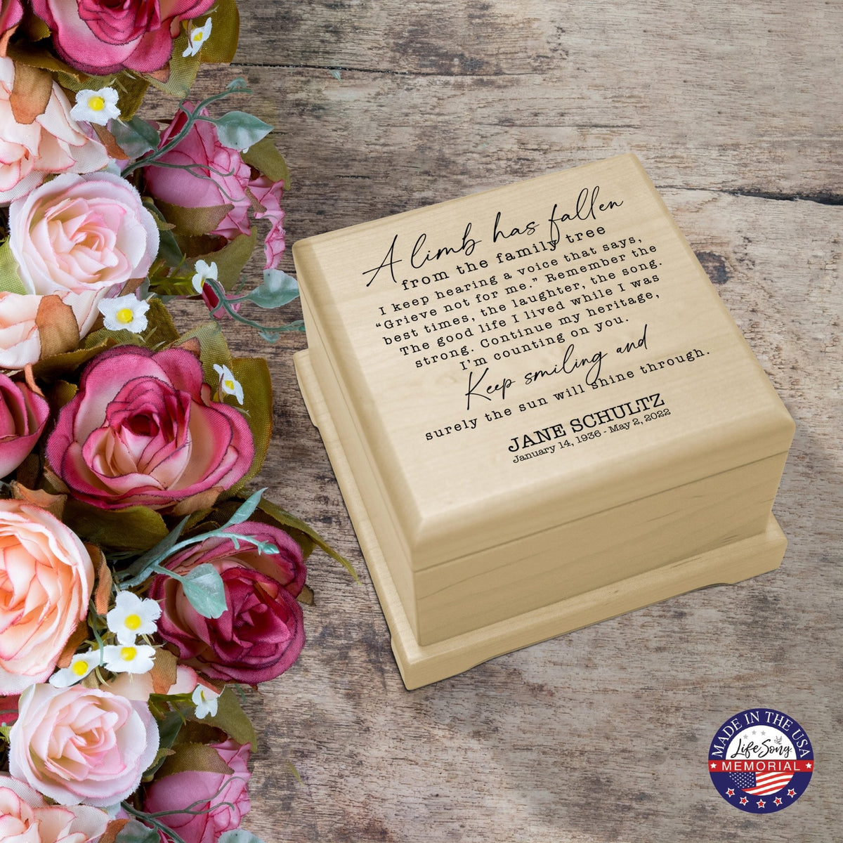 Personalized Memorial Cremation Wooden Keepsake Urn For Human Ashes - A Limb Has fallen - LifeSong Milestones