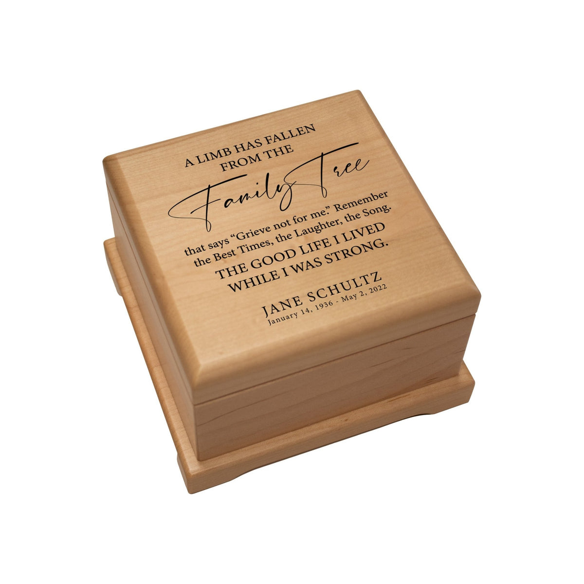Personalized Memorial Cremation Wooden Keepsake Urn For Human Ashes - A Limb Has fallen - LifeSong Milestones