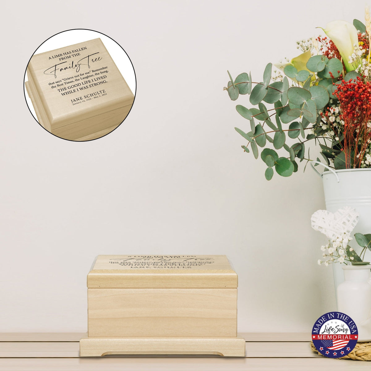 Personalized Memorial Cremation Wooden Keepsake Urn For Human Ashes - A Limb Has fallen - LifeSong Milestones