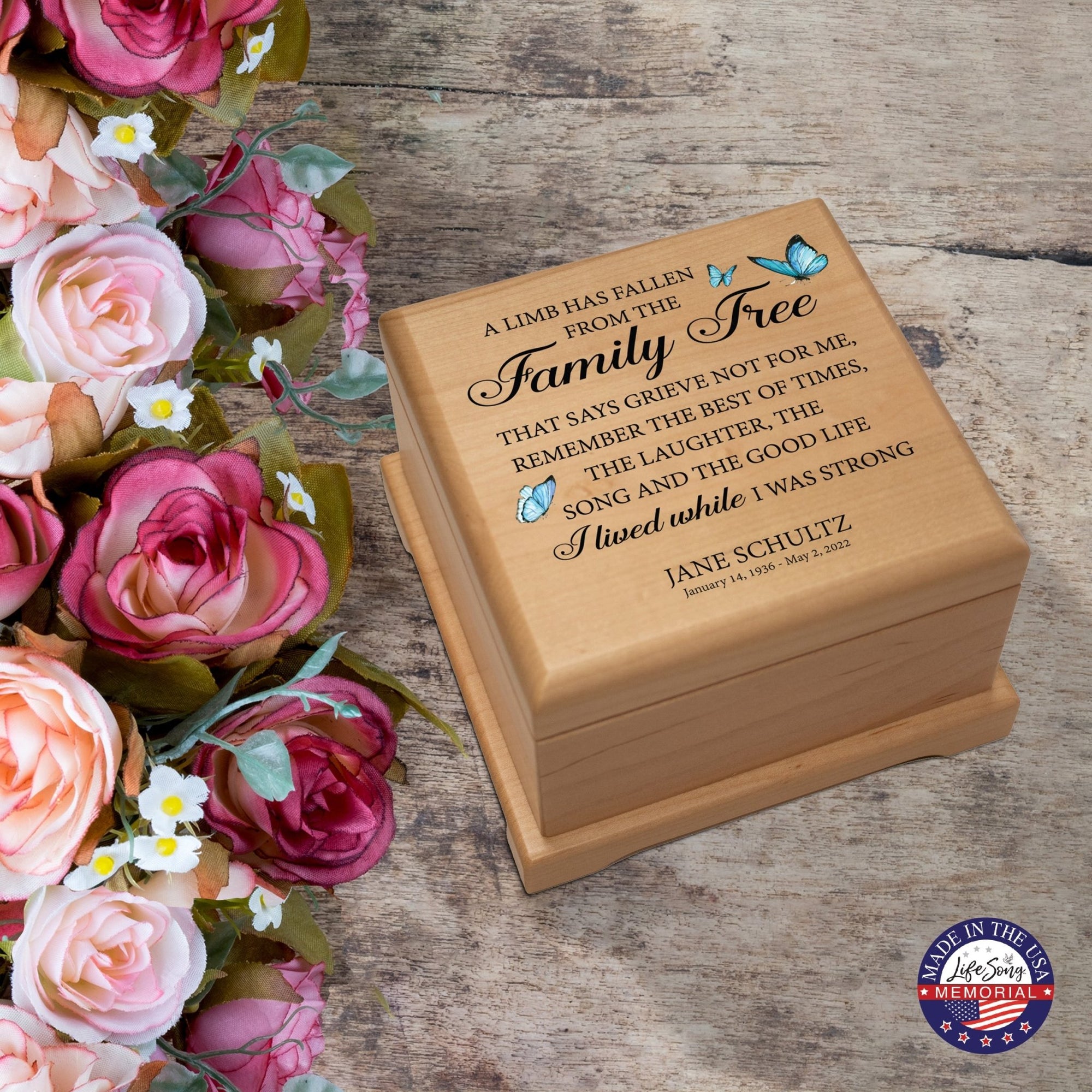 Personalized Memorial Cremation Wooden Keepsake Urn For Human Ashes - A Limb Has fallen - LifeSong Milestones