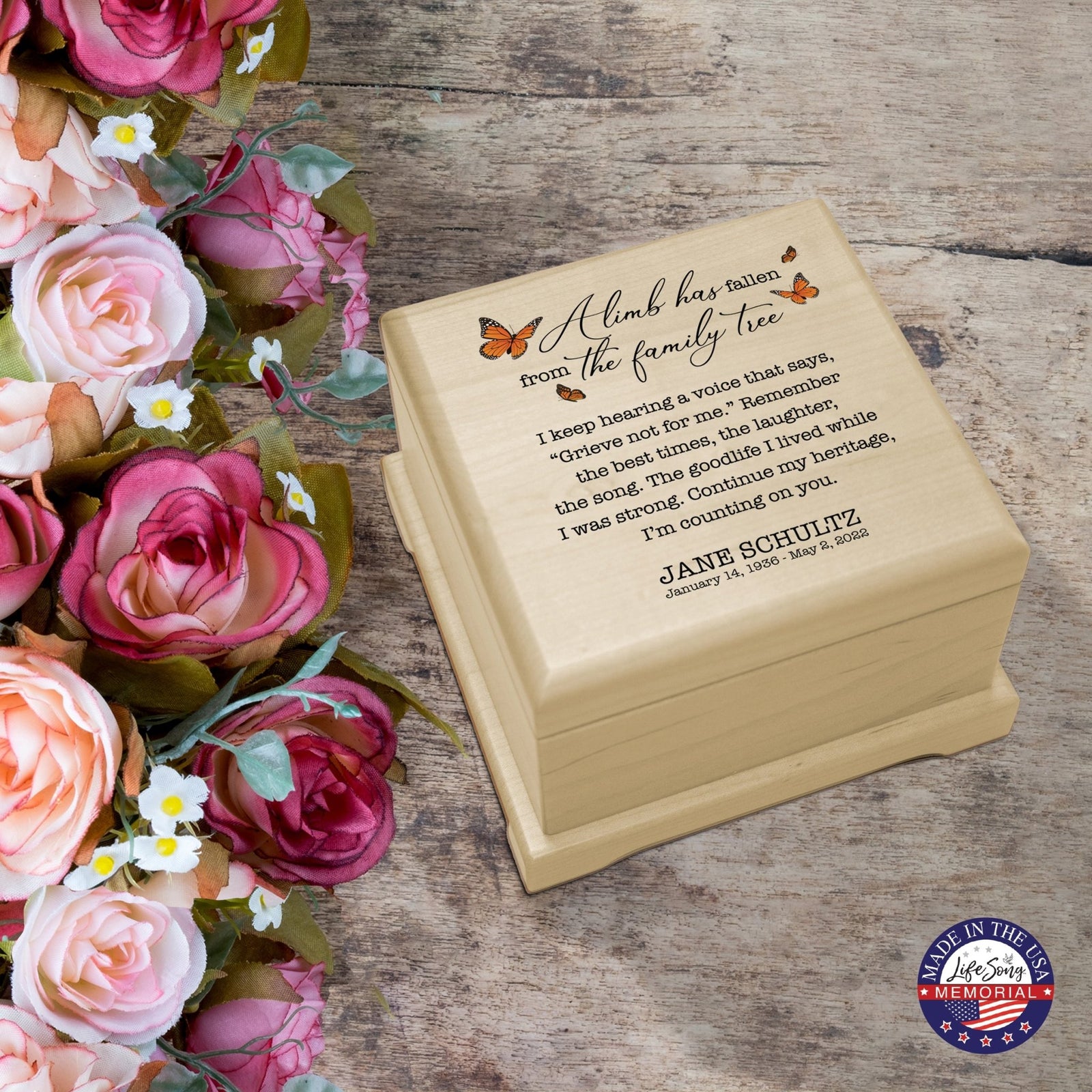 Personalized Memorial Cremation Wooden Keepsake Urn For Human Ashes - A Limb Has fallen - LifeSong Milestones