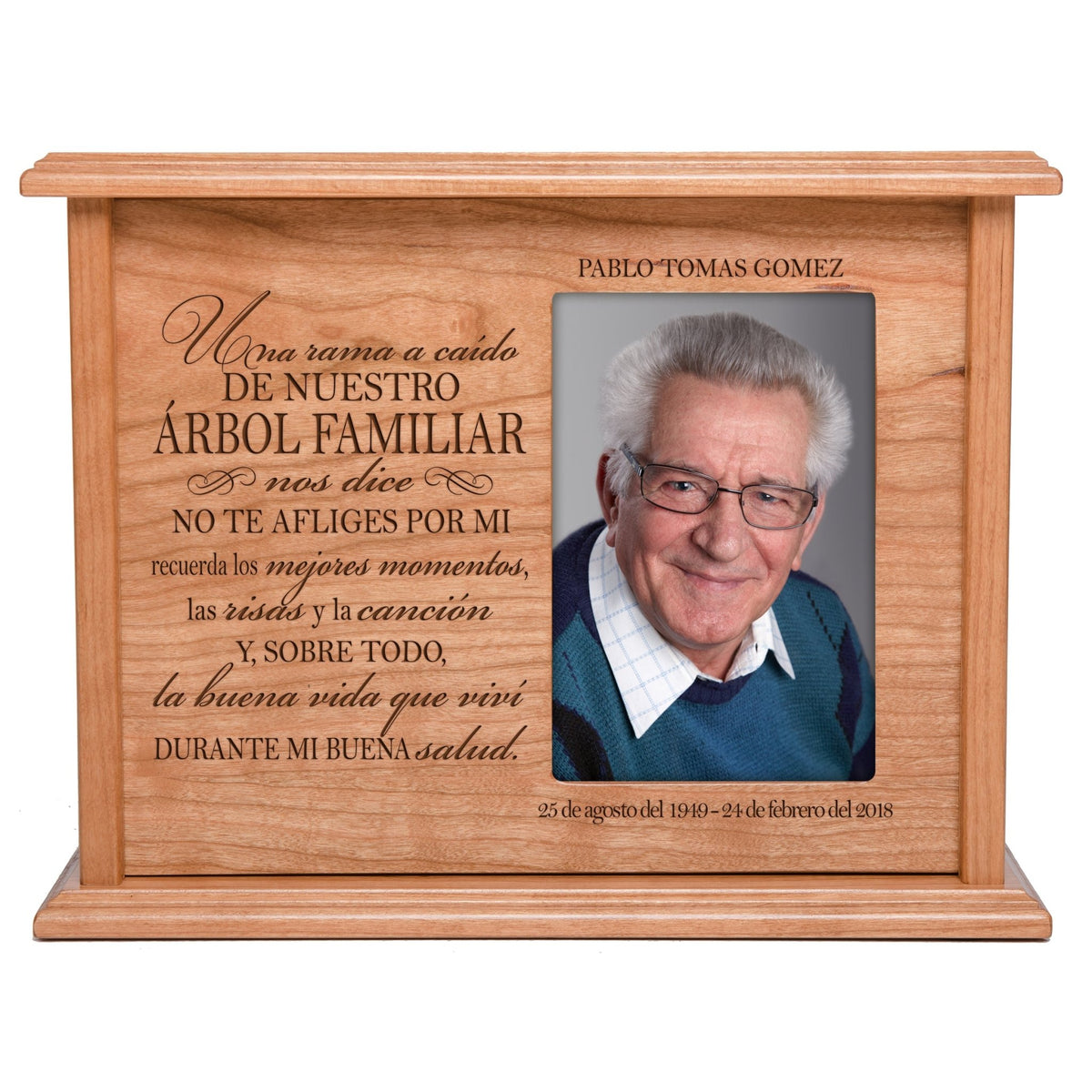 Personalized Memorial Cremation Wooden Urn Box with 4x6 Photo holds 200 cu in A Limb Has Fallen (Spanish) - LifeSong Milestones