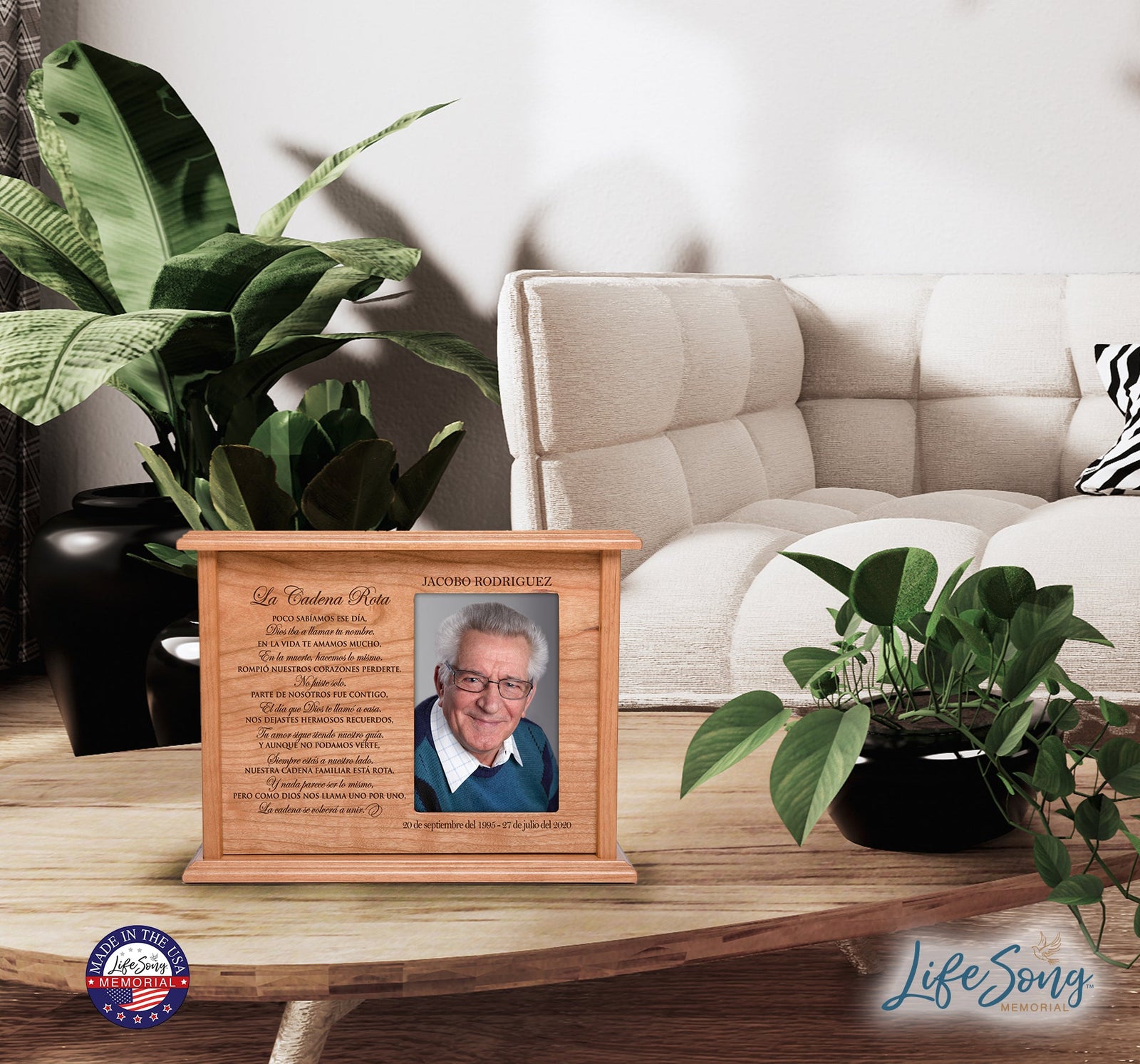 Personalized Memorial Cremation Wooden Urn Box with 4x6 Photo holds 200 cu in Broken Chain (Spanish) - LifeSong Milestones