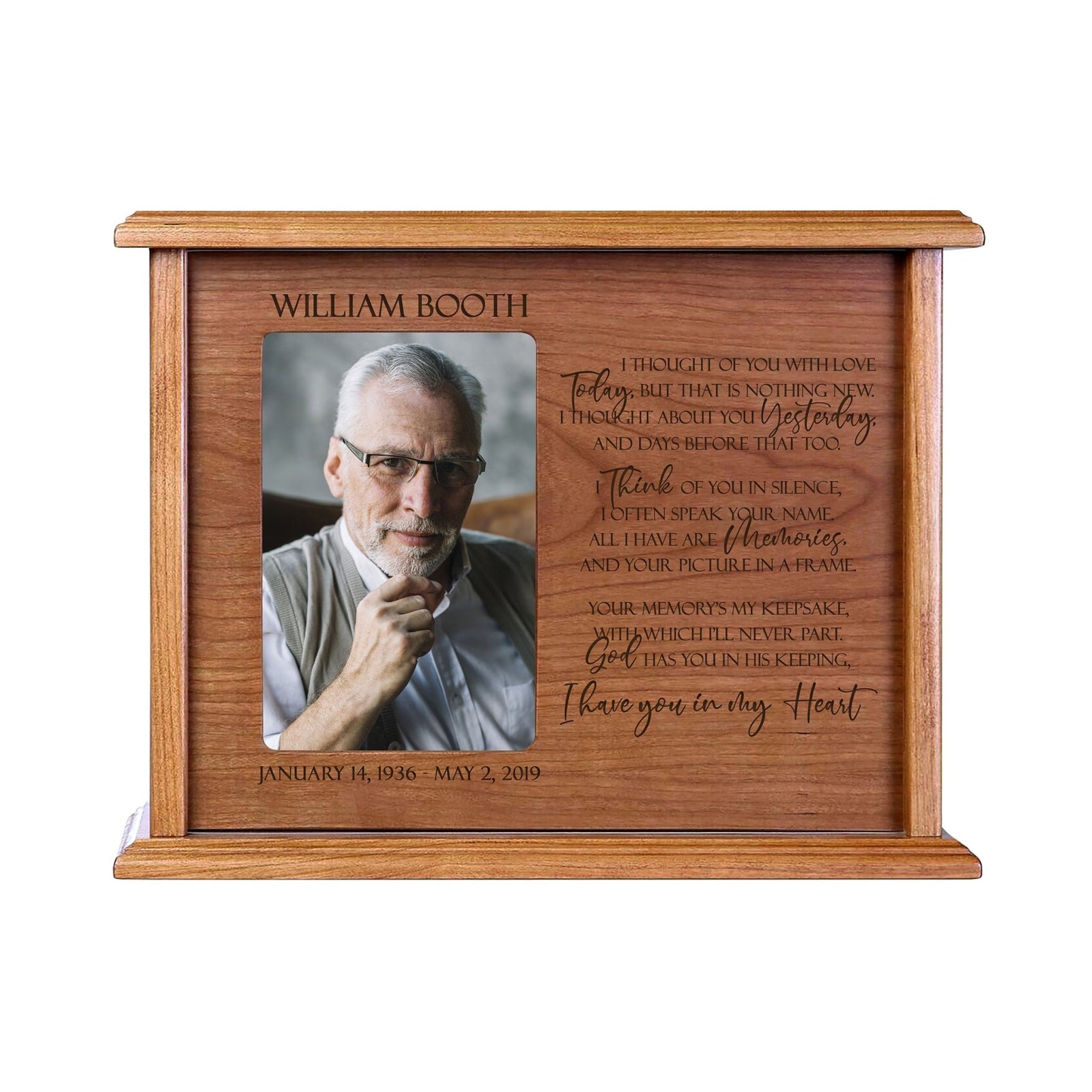 Personalized Memorial Cremation Wooden Urn Box with 4x6 Photo holds 200 cu in I Thought Of You - LifeSong Milestones
