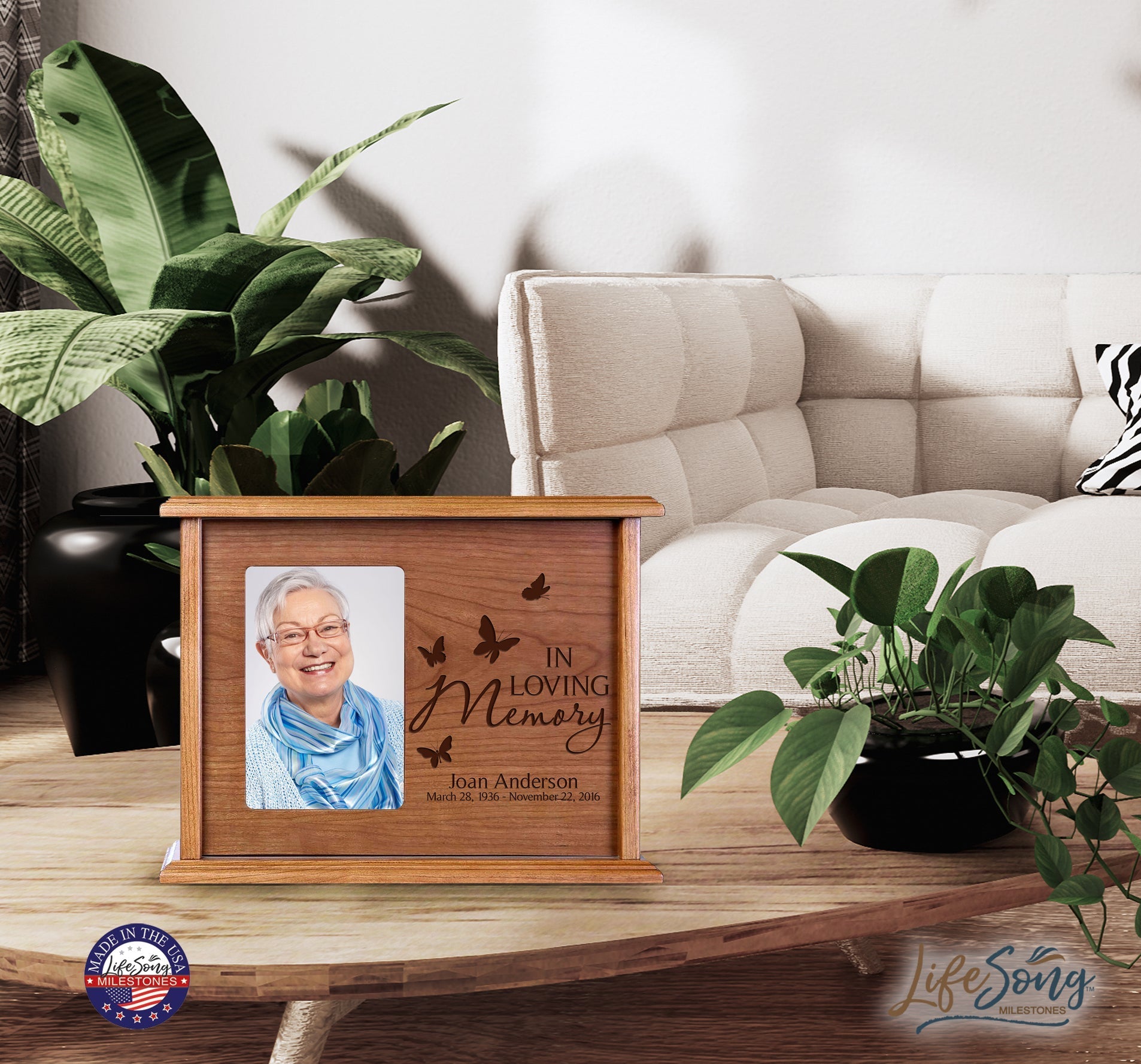 Personalized Memorial Cremation Wooden Urn Box with 4x6 Photo holds 200 cu in In Loving Memory (butterfly) - LifeSong Milestones