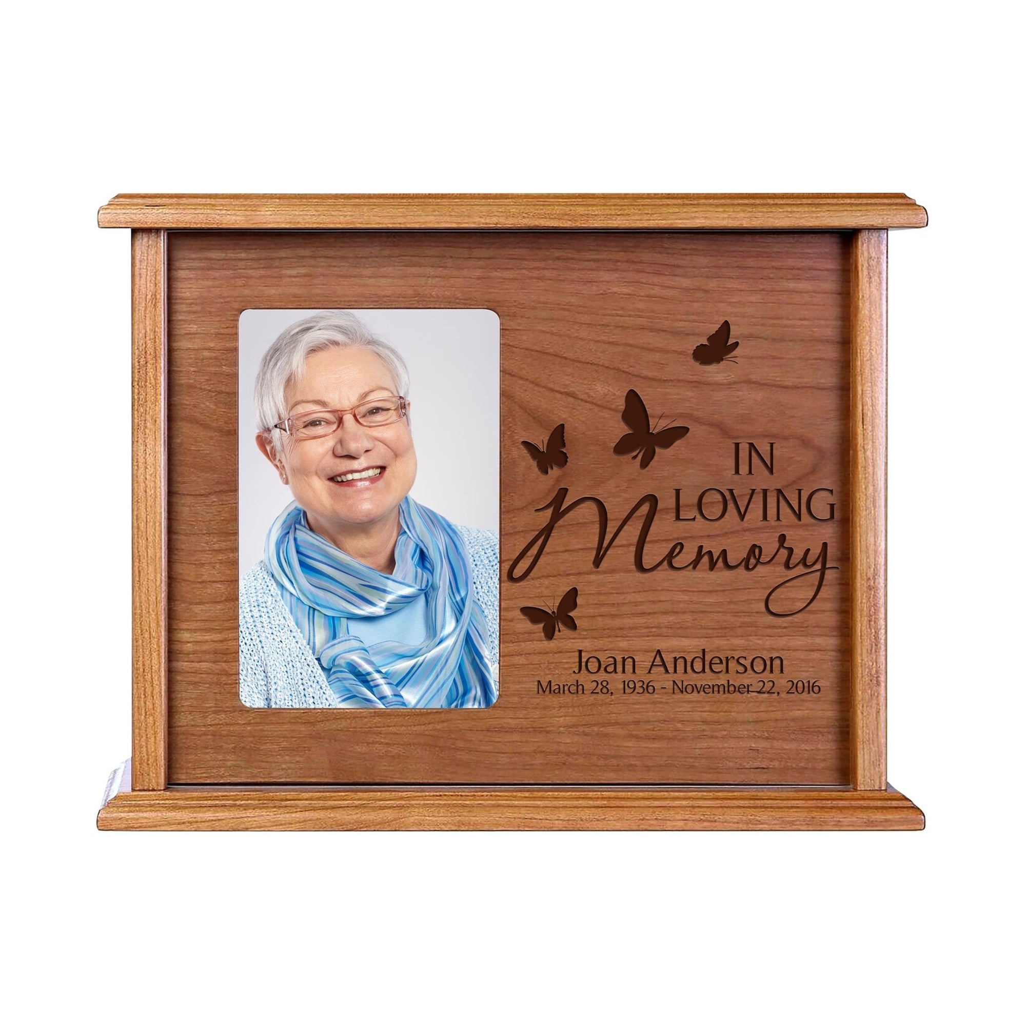 Personalized Memorial Cremation Wooden Urn Box with 4x6 Photo holds 200 cu in In Loving Memory (butterfly) - LifeSong Milestones