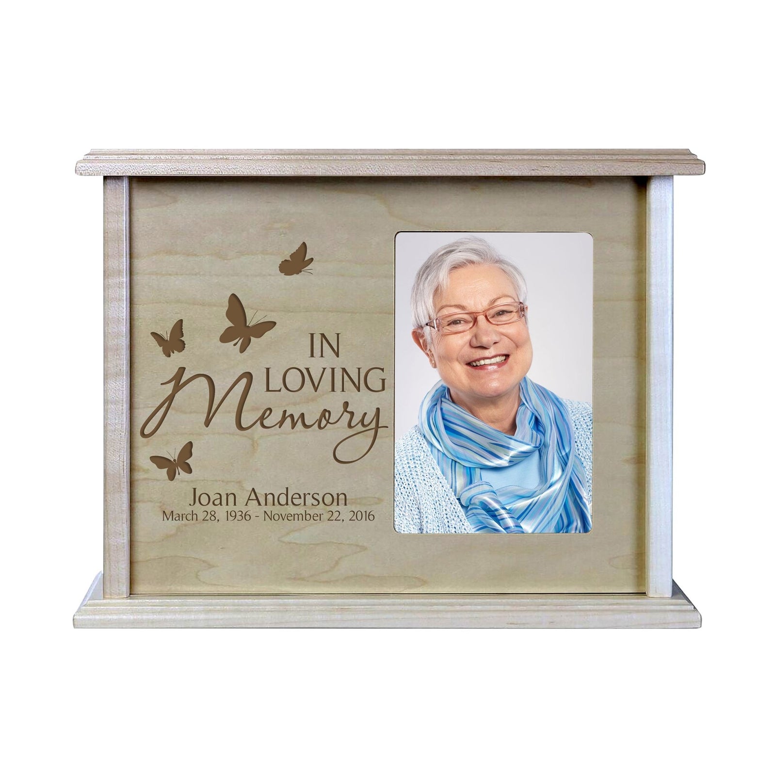 Personalized Memorial Cremation Wooden Urn Box with 4x6 Photo holds 200 cu in In Loving Memory (butterfly) - LifeSong Milestones