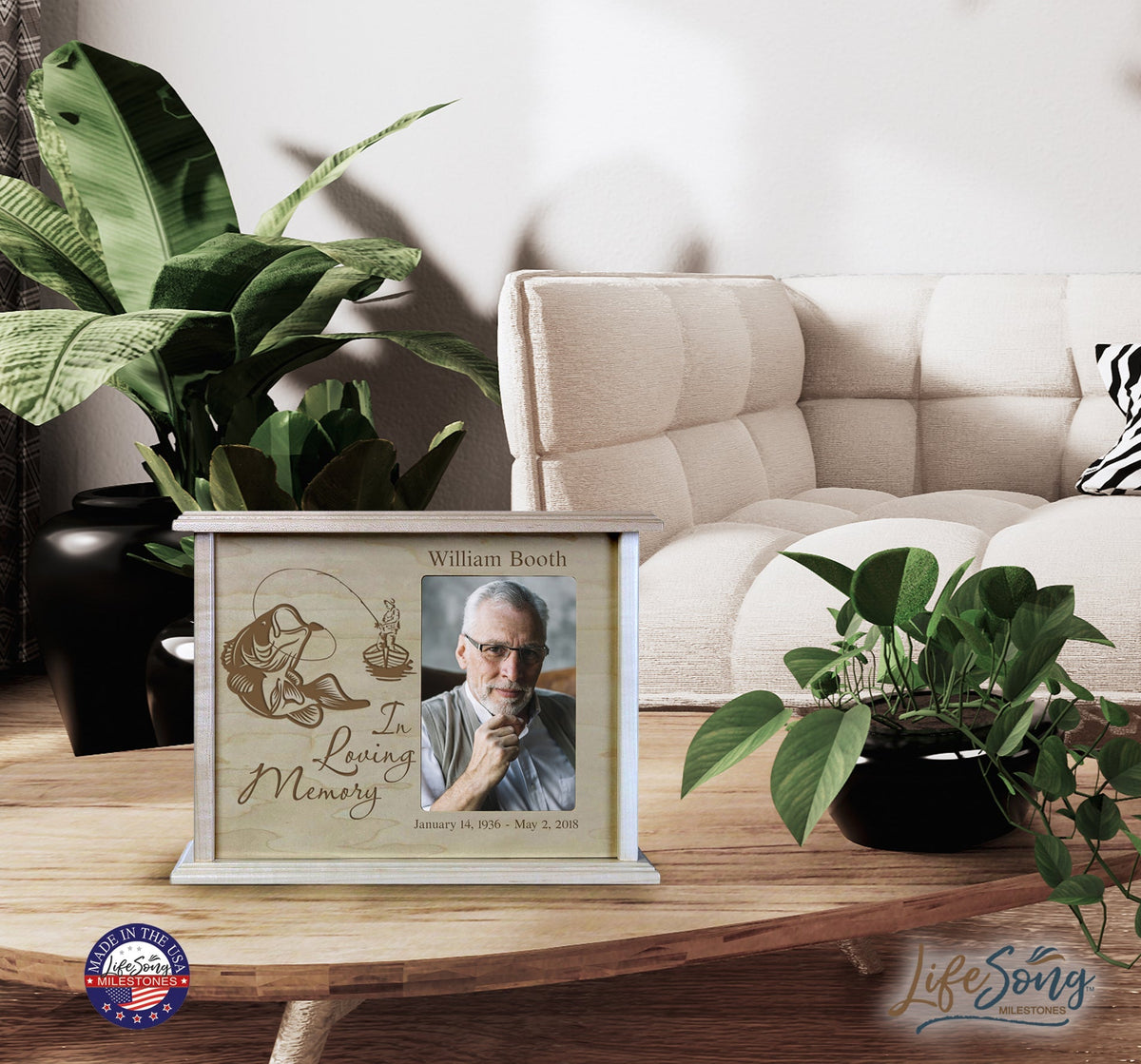 Personalized Memorial Cremation Wooden Urn Box with 4x6 Photo holds 200 cu in In Loving Memory (fish) - LifeSong Milestones