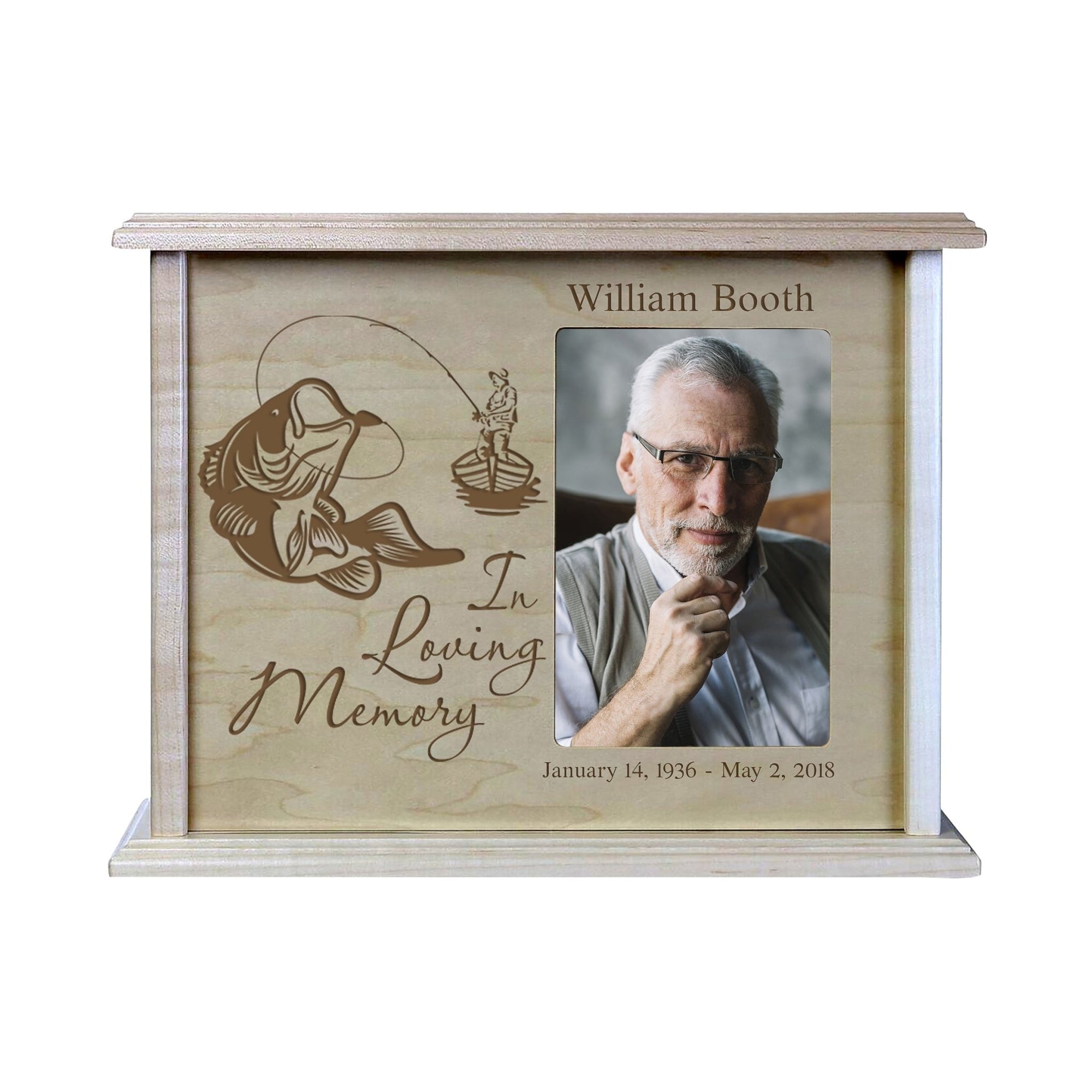 Personalized Memorial Cremation Wooden Urn Box with 4x6 Photo holds 200 cu in In Loving Memory (fish) - LifeSong Milestones