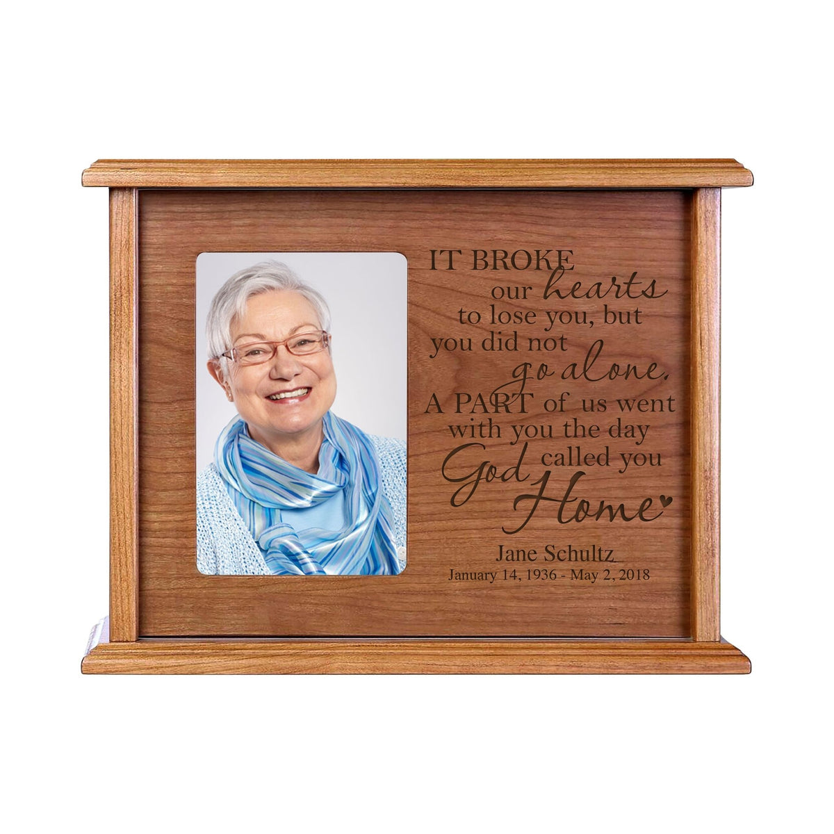 Personalized Memorial Cremation Wooden Urn Box with 4x6 Photo holds 200 cu in It Broke Our Hearts - LifeSong Milestones