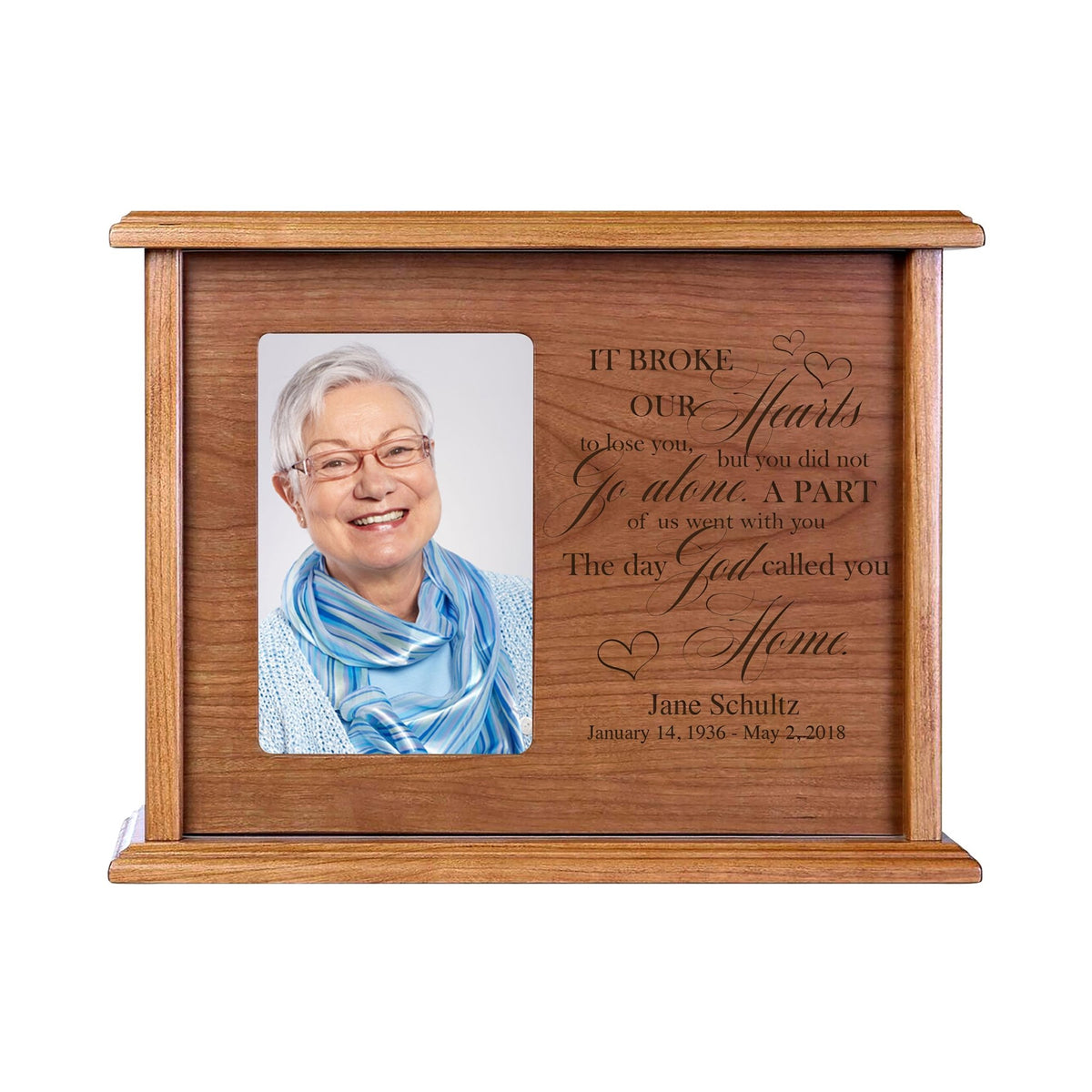 Personalized Memorial Cremation Wooden Urn Box with 4x6 Photo holds 200 cu in It Broke Our Hearts (script) - LifeSong Milestones