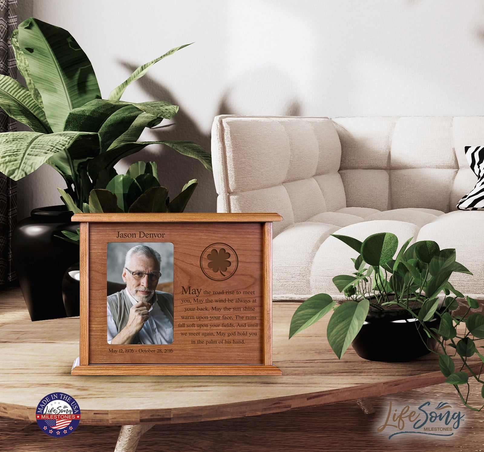Personalized Memorial Cremation Wooden Urn Box with 4x6 Photo holds 200 cu in May The Road Rise - LifeSong Milestones
