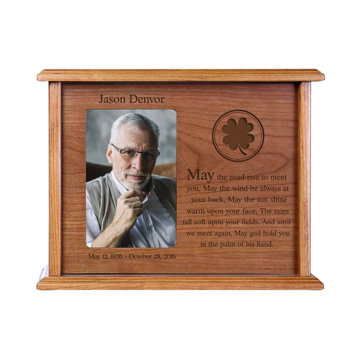 Personalized Memorial Cremation Wooden Urn Box with 4x6 Photo holds 200 cu in May The Road Rise - LifeSong Milestones